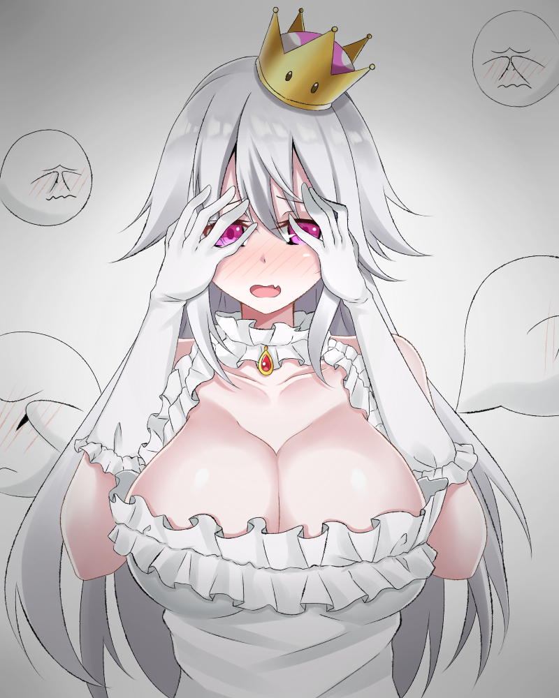 1girls, blush, boo (mario), boosette, breasts, cleavage, clothing, covering, covering eyes, crown, dress, female, female focus, gekka (artist), ghost, huge breasts, long hair, looking at viewer, luigi's mansion, mario (series), monster girl, new super mario bros. u deluxe, nintendo, open mouth, pink eyes, shy, simple background, white hair