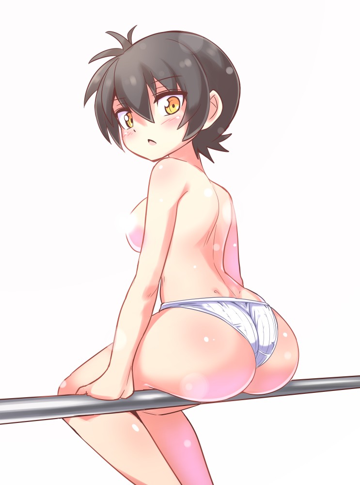 ass, blush, breasts, convenient censoring, cougar1404, female, huge ass, large breasts, looking back, nari (cougar 1404), original, panties, short hair, sideboob, sitting, thong, tomboy, very short hair