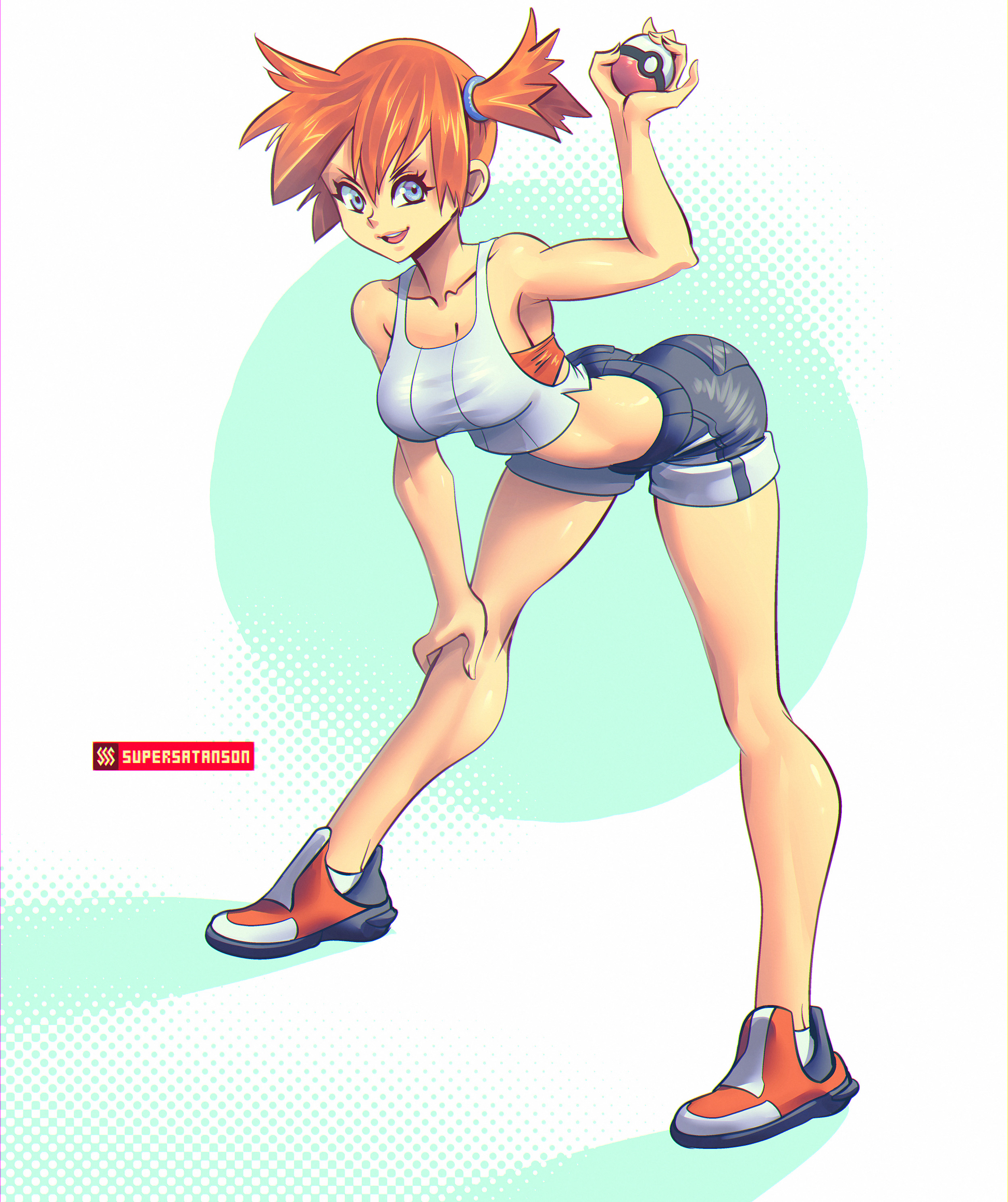 1girls, alternate breast size, alternate outfit, ass, bent over, blue eyes, breasts, cleavage, clothed, eye contact, female, human, human only, kasumi (pokemon), looking at viewer, misty (pokemon lgpe), misty (pokemon), nintendo, pokemon, pokemon lgpe, pokemon rgby, pose, shirt, shoes, shorts, solo, supersatanson, tank top, text, watermark