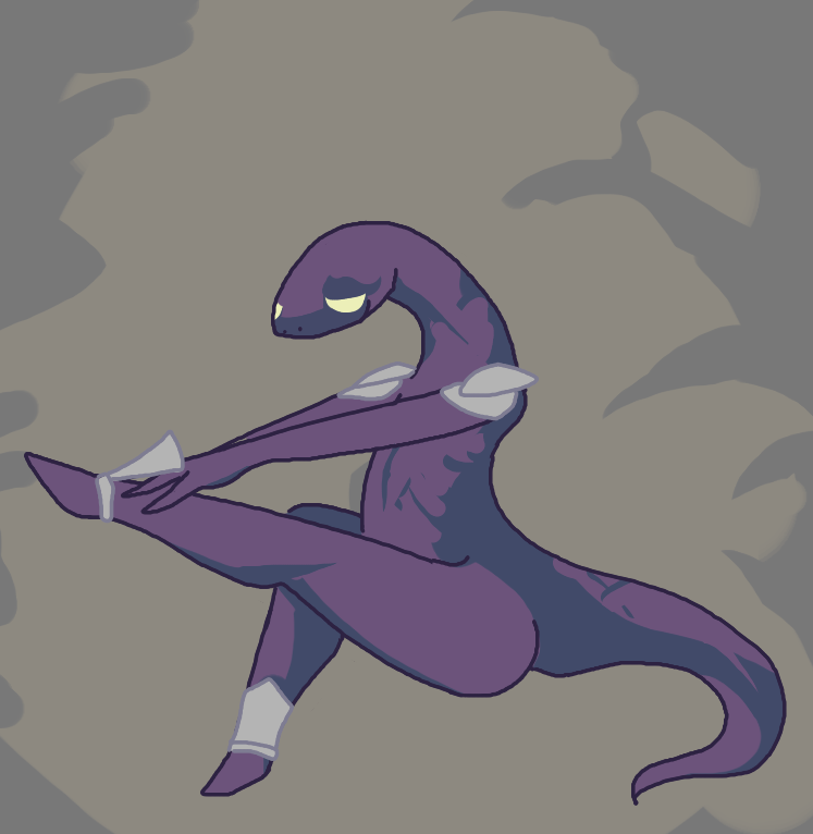 2015 alien ambiguous_gender anthro armor barefoot biped clothing hand_on_leg hopoo_games lemurian long_neck mostly_nude purple_body purple_scales purple_skin risk_of_rain scales scalie sitting solo tail the_weaver yellow_eyes