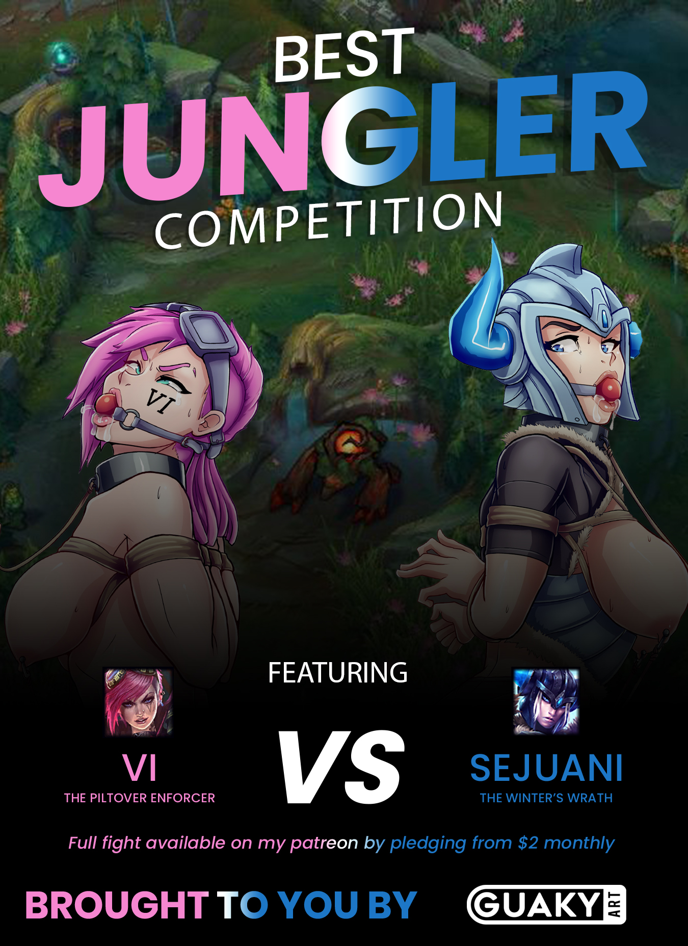 2020, arms behind back, ball gag, bdsm, bondage, breasts, collar, female, femsub, gag, guaky, league of legends, leash, multiple females, multiple girls, multiple subs, riot games, sejuani, tied up, vi, yuri