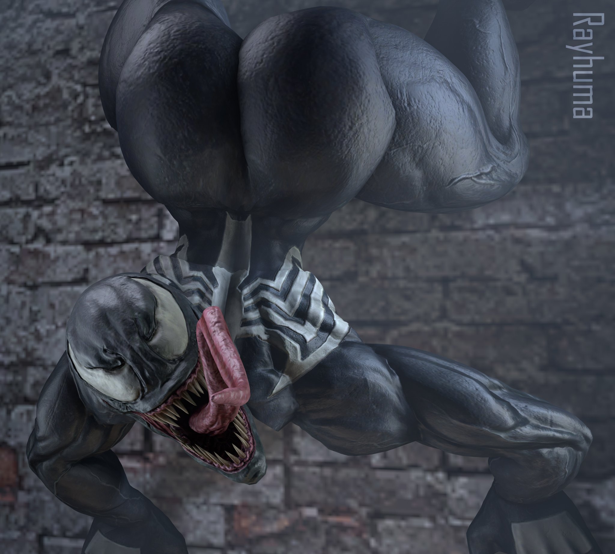 3d, alien, ass, big ass, black body, crawling, female, female focus, female only, large ass, legs, long tongue, looking at viewer, marvel, marvel comics, muscular, muscular female, prehensile tongue, rayhuma, sharp teeth, she-venom, spider-man (series), symbiote, teeth, thick, thick ass, thick thighs, tongue, tongue out, venom, venom (marvel), wall, white eyes