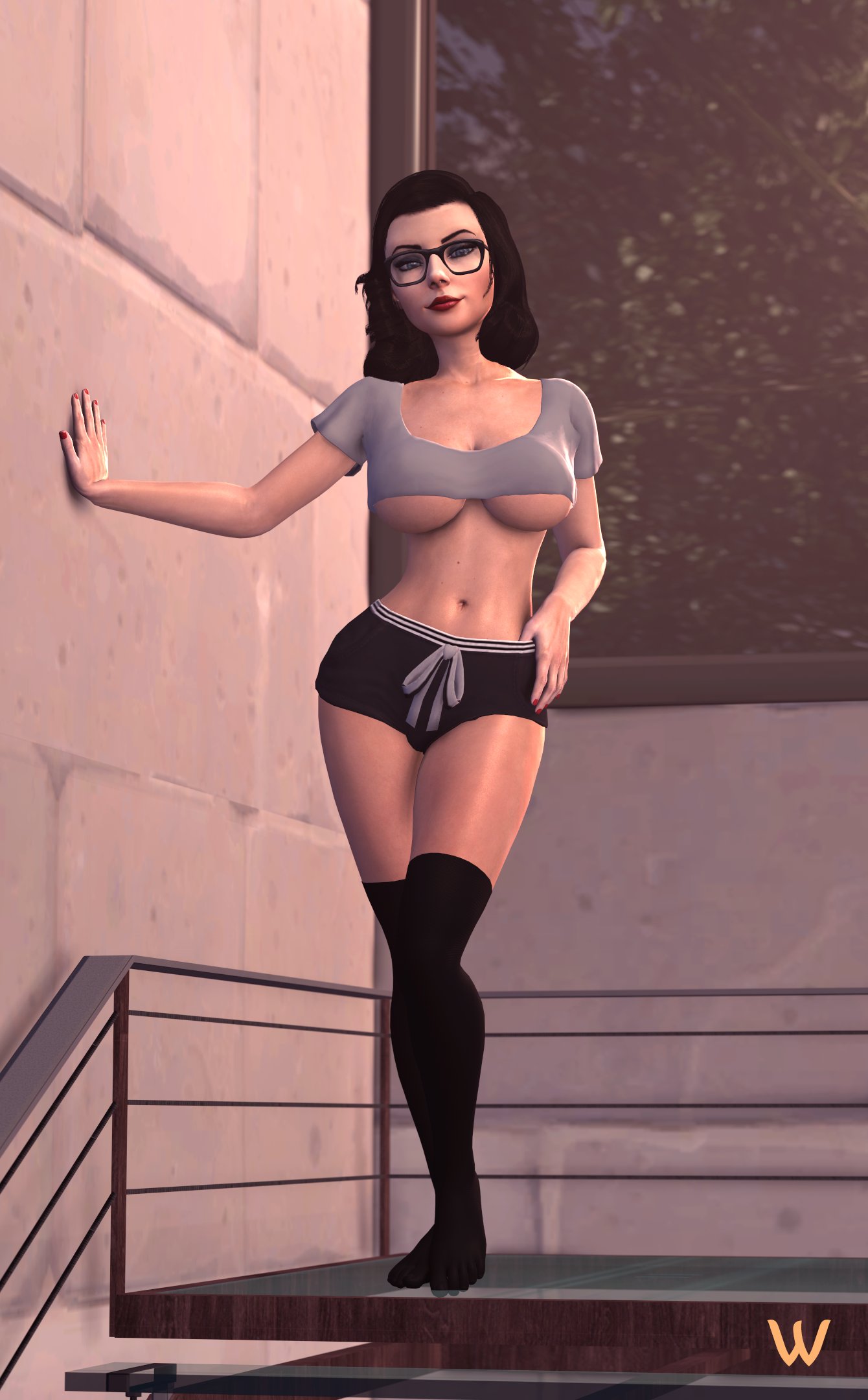 1girls, 3d, athletic, big breasts, bioshock, bioshock infinite, black hair, breasts, busty, cleavage, crop top, curvaceous, curvy, elizabeth comstock, eyelashes, eyeliner, eyeshadow, female, female focus, female only, full body, glasses, hourglass figure, kneesocks, large breasts, lipstick, long hair, makeup, mascara, nail polish, navel, pose, posing, short shorts, solo, sportswear, standing, t-shirt, thighhighs, underboob, voluptuous, wide hips, wildynsfw