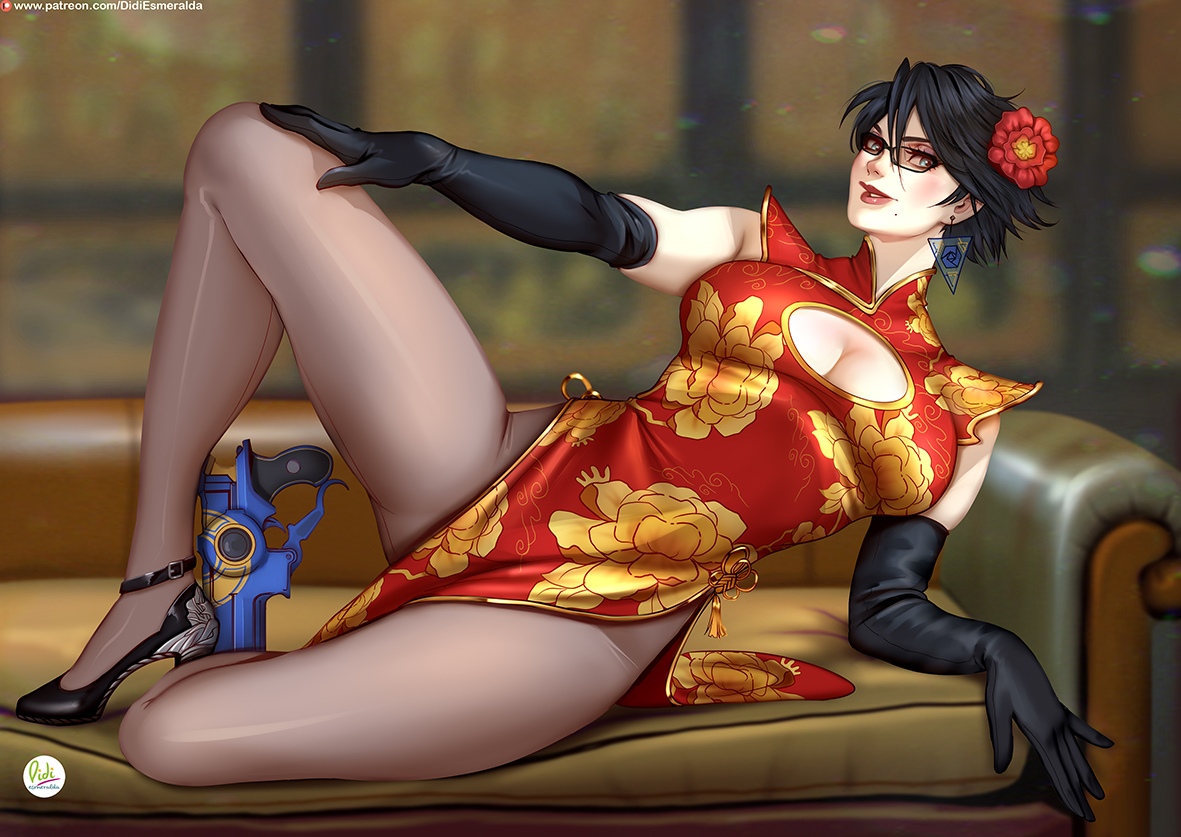 1girls, bayonetta, bayonetta (character), big breasts, black hair, blue eyes, breasts, didi esmeralda, female, female only, looking at viewer, short hair, smiling, smiling at viewer, solo, solo female, stockings