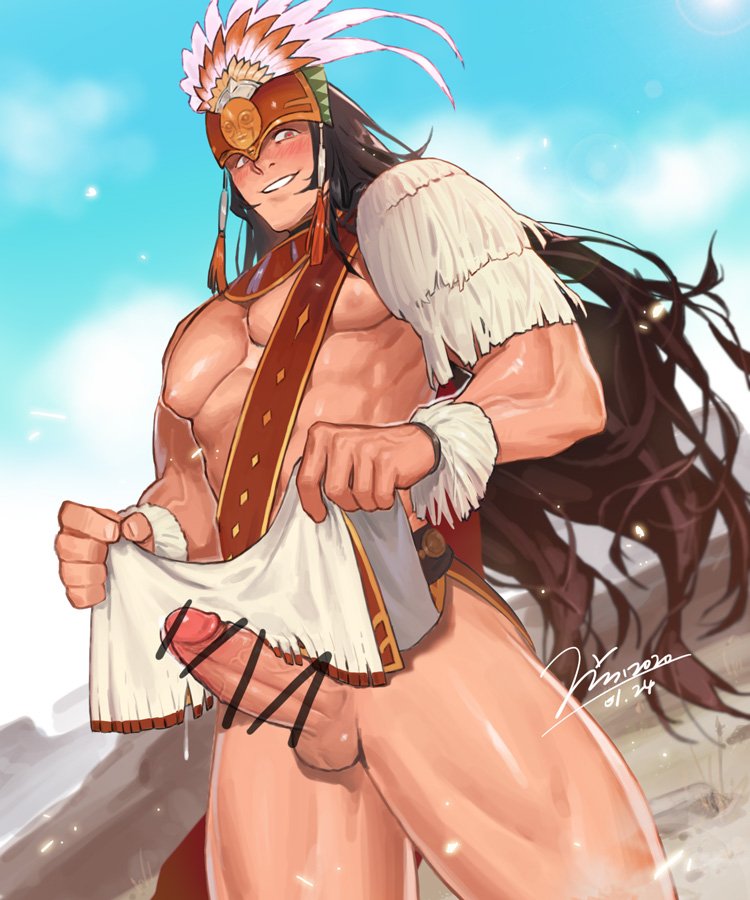 1boy ascator_dawnwalker blush brown_hair censored cowboy_shot erect_penis erection from_below headpiece jin_(sirius-j) loincloth_lift long_hair long_hair_male looking_at_viewer male_focus parted_lips precum_drip presenting presenting_penis smile solo symbol_commentary very_long_hair yu-gi-oh!