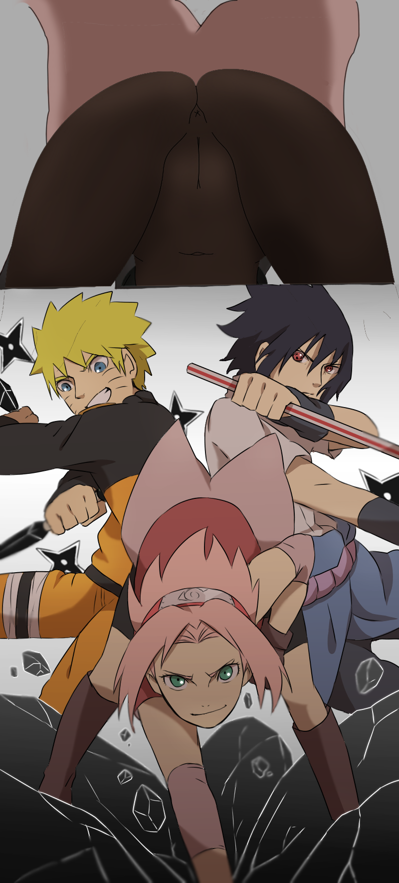 1girls 2boys anus anus_outline ass ass_up bending_forward bent_over bike_shorts black_hair blonde_hair blue_eyes cameltoe clothed clothing covered_navel female female_focus fight fighting fully_clothed green_eyes headband hips humor male naruto naruto_(series) naruto_shippuden nekomate14 pink_hair pose posing pussy red_eyes sakura_haruno sasuke_uchiha sharingan skirt skirt_lift slim slim_waist smile spats teamwork thighs tights upskirt uzumaki_naruto vagina whisker_markings whiskers yellow_hair