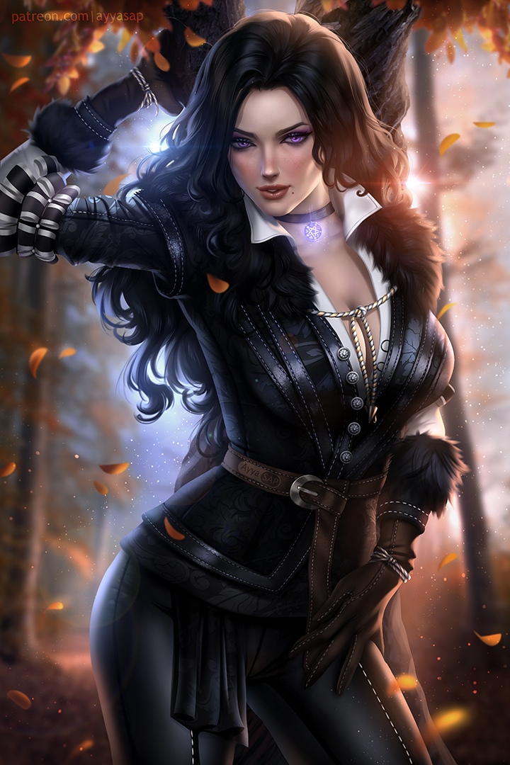 1girls, ayya saparniyazova, ayyasap, big breasts, black hair, breasts, brown gloves, choker, female, female only, gloves, leather gloves, long hair, looking at viewer, magic, purple eyes, solo, solo female, the witcher, the witcher (series), yennefer