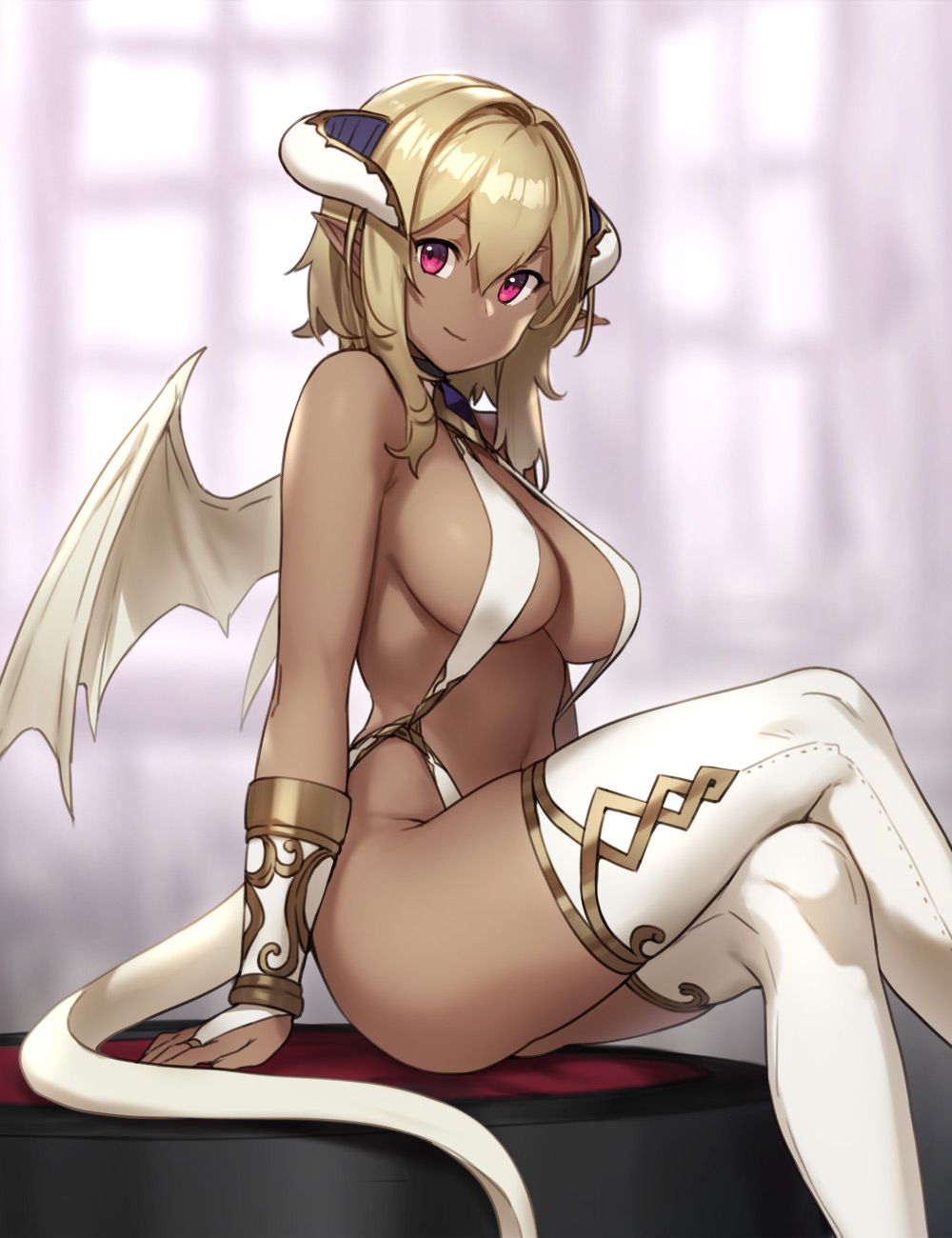 1girls, big breasts, blonde hair, breasts, cleavage, crossed legs, dark skin, dark-skinned female, demon, demon girl, female, female only, horns, houtengeki, large breasts, legs crossed, looking at viewer, red eyes, sitting, sling bikini, solo, succubus, thighhighs, wings