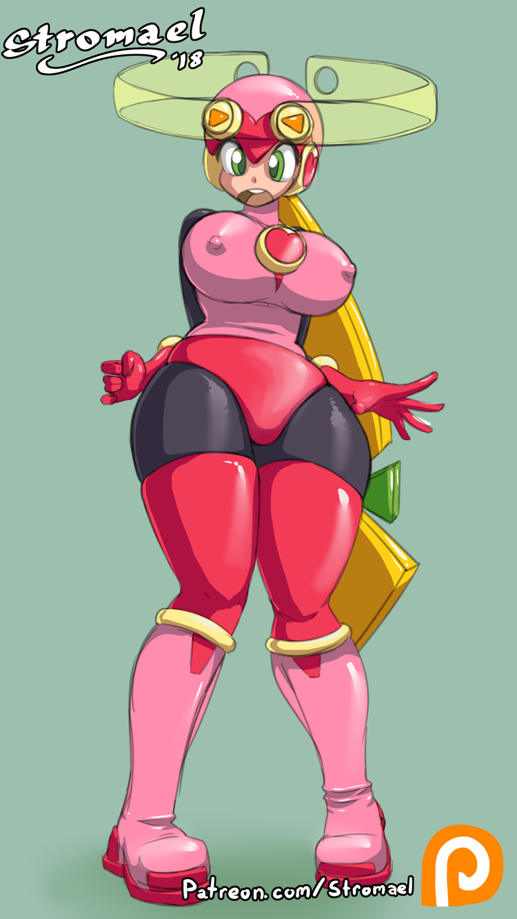 1girls alternate_breast_size alternate_version_available blonde_hair bodysuit boots capcom clothed gloves green_eyes hairband helmet hourglass_figure large_breasts mega_man mega_man_battle_network netnavi nipples rockman_exe roll.exe solo stockings stromael surprised tight_clothing wide_hips