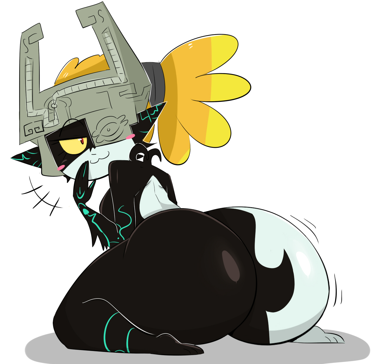 :3, 1girls, ass, big ass, black body, blush, bottom heavy, female, half-closed eyes, headgear, imp midna, jinu, large ass, looking at viewer, midna, multicolored body, nintendo, seductive smile, shortstack, source request, the legend of zelda, thick thighs, twilight princess, white background, white body, wide hips, yellow hair