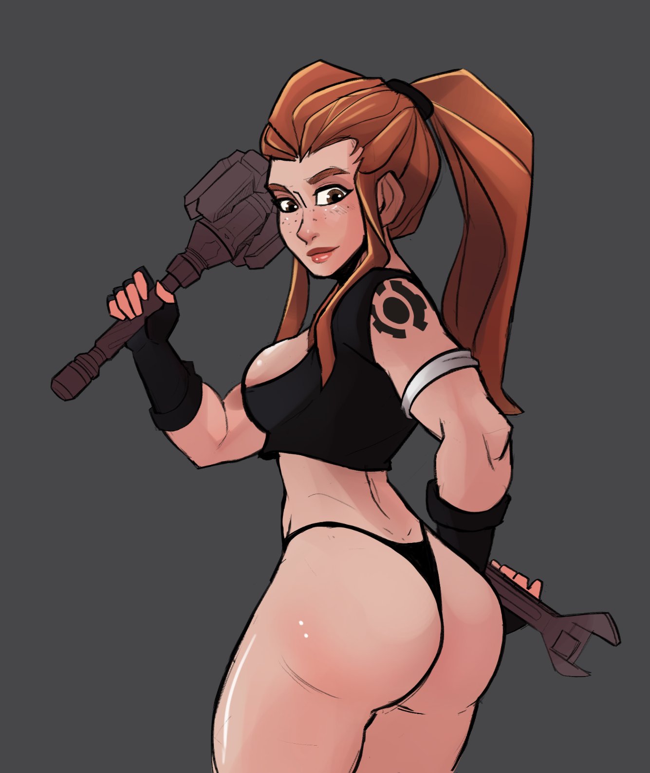 1girls 2020 2d ass blizzard_entertainment breasts brigitte brown_eyes brown_hair female female_focus female_only long_hair moikaloop overwatch panties ponytail tattoo thighs thong tied_hair