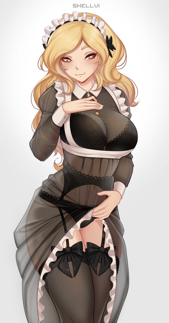 1girls big_breasts blonde_hair blonde_hair breasts female female female_only looking_at_viewer original original_character shellvi smiling smiling_at_viewer solo solo_female stockings underwear