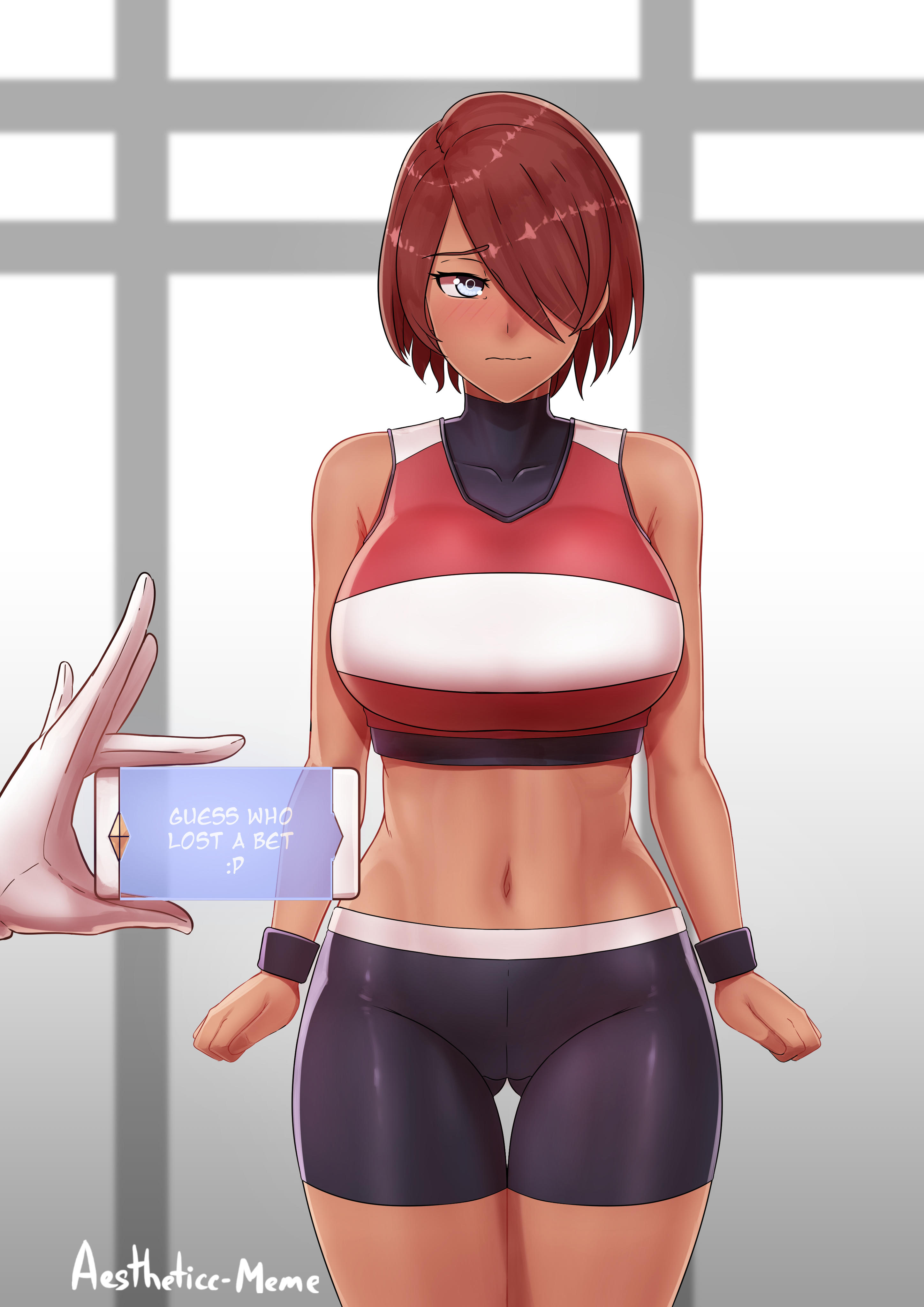 1girls, abs, absurdres, aestheticc-meme, blackmail, blue eyes, blush, breasts, dark skin, dark-skinned female, embarrassed, female, hair over one eye, highres, huge breasts, may zedong, neo (rwby), red hair, rwby, solo focus, sportswear, text, thick thighs, thigh gap, wide hips