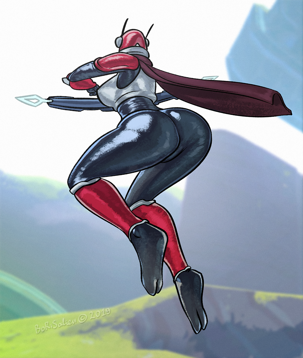 antennae armor big_ass borisalien bracers cape gloves heart helmet hopoo_games huntress_(risk_of_rain) jumping low-angle_view red_cape red_helmet risk_of_rain risk_of_rain_2 shiny shoulder_pads skintight tight_clothing video_games visor