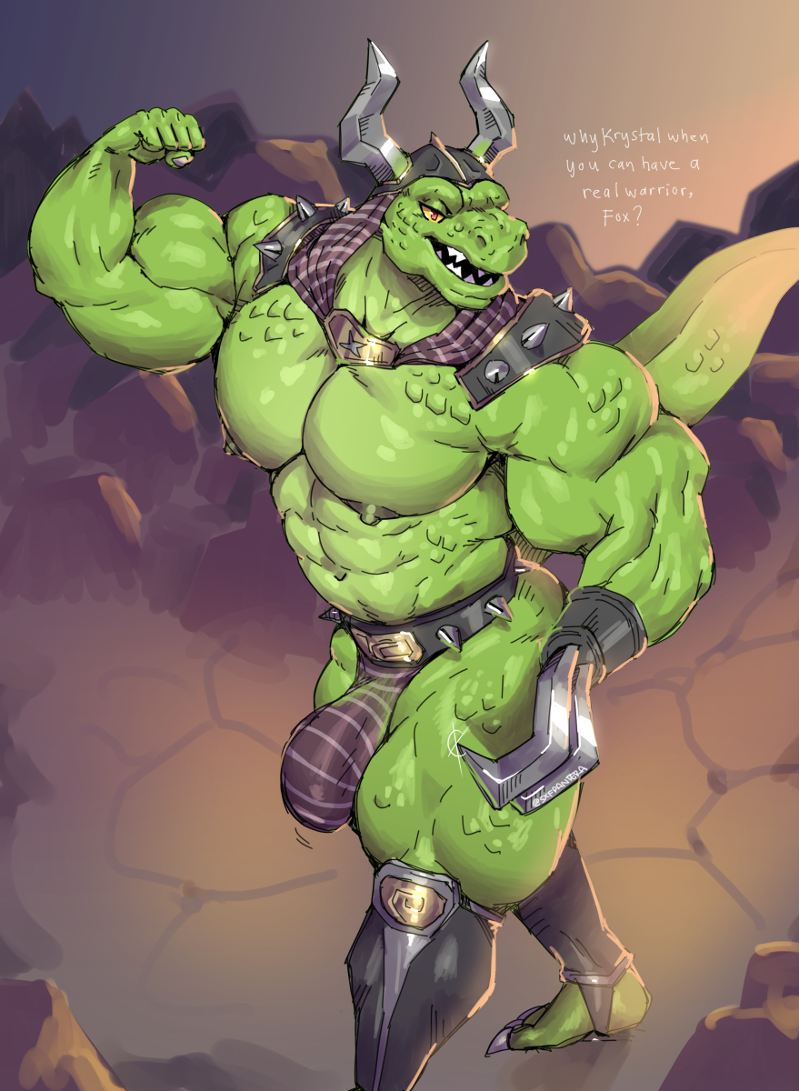 1boy anthro bara biceps big_bulge big_muscles big_pecs big_penis black_nipples bulge clothed clothing digital_media_(artwork) erection gay general_scales genitals green_body grin hi_res huge_biceps huge_cock huge_muscles huge_pecs humanoid_penis lizard male male/male male_only muscular muscular_male nintendo nipples pecs penis reptile scalie simple_background smile solo star_fox sxfpantera thick_thighs video_games