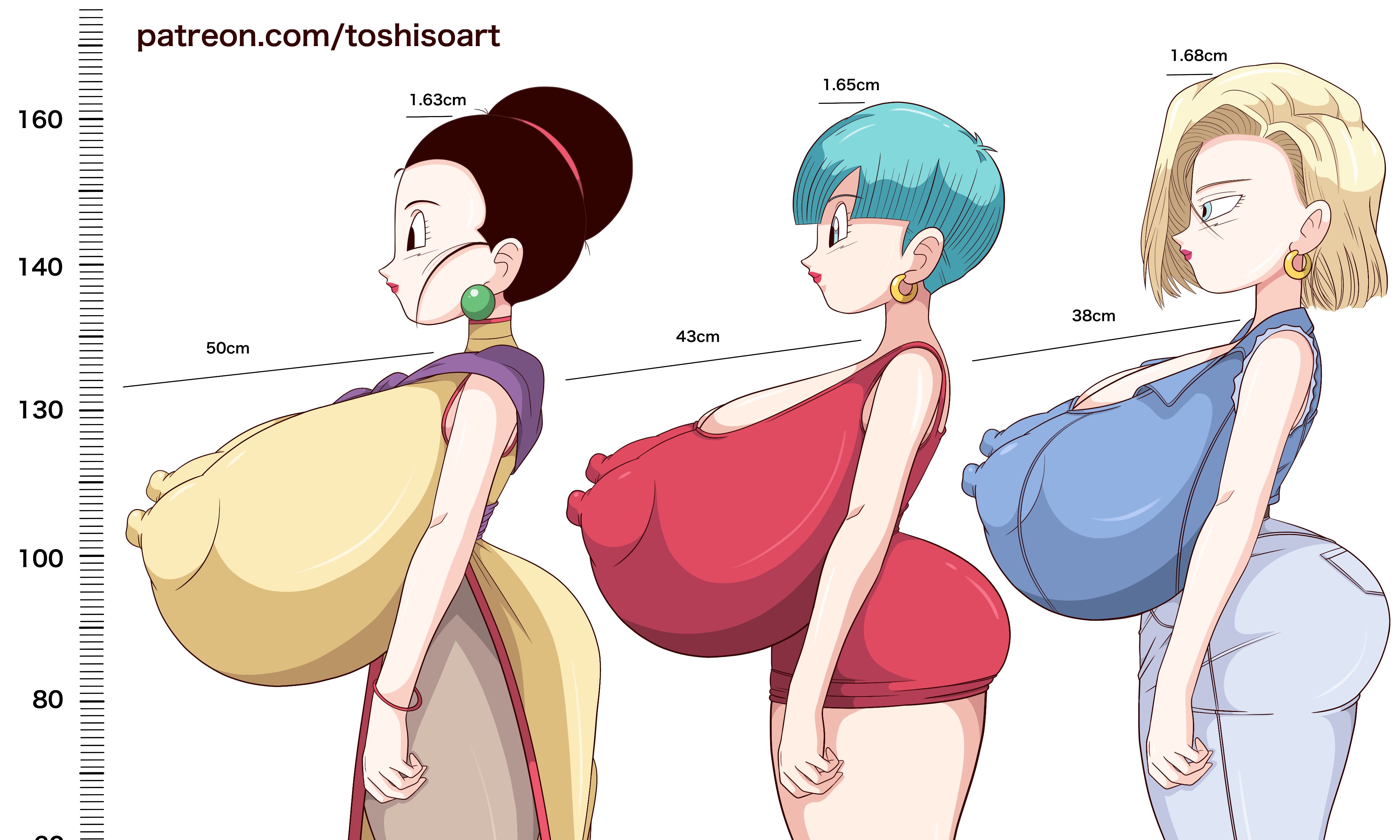 3girls, alternate version available, android 18, ass, ass in dress, blonde hair, blue eyes, breast size, breasts, bulma briefs, bust chart, cameltoe, chart, chichi, cleavage, comparison, curvy, dragon ball, dragon ball super, erect nipples, female, gigantic breasts, huge areolae, huge ass, hyper breasts, nipple bulge, nipples, puffy nipples, pussy, red lips, short hair, sideboob, size difference, thick lips, toshiso, voluptuous, wide hips