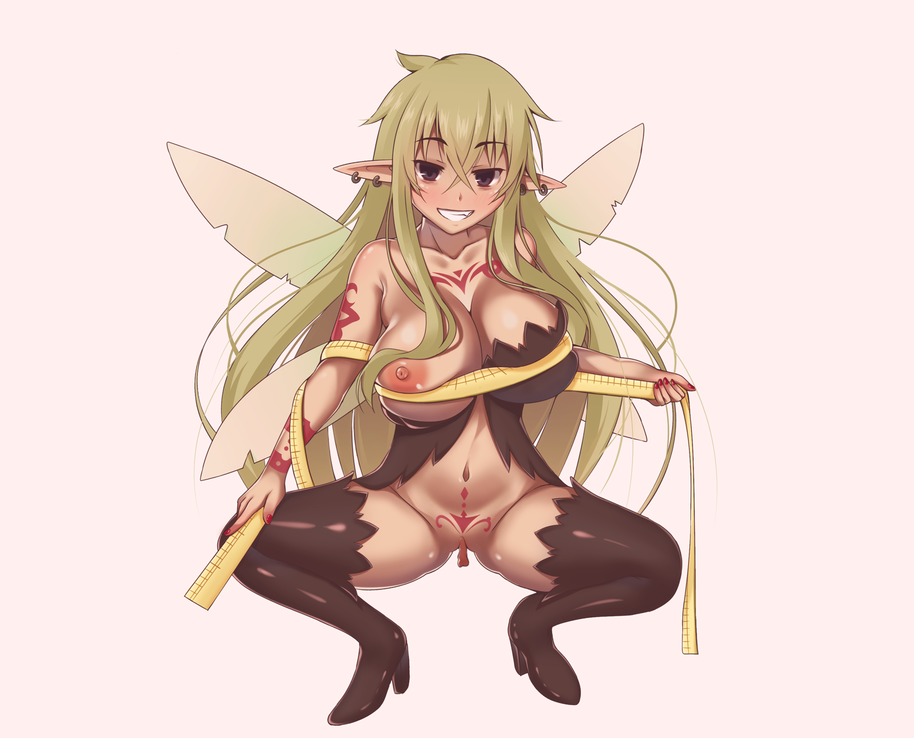 1girls, aloe (ishuzoku reviewers), boots, breasts, fairy, fairy girl, female, female only, green hair, highres, ishuzoku reviewers, large breasts, long hair, purple eyes, solo, tape measure, thigh boots, thighhighs, viking-dutchboy
