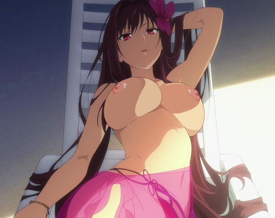 1girls, 2016, beach chair, breasts, edit, fate (series), fate/grand order, female, female only, flower in hair, highres, long hair, looking at viewer, nipples, red eyes, sarong, scathach (fate), solo, topless