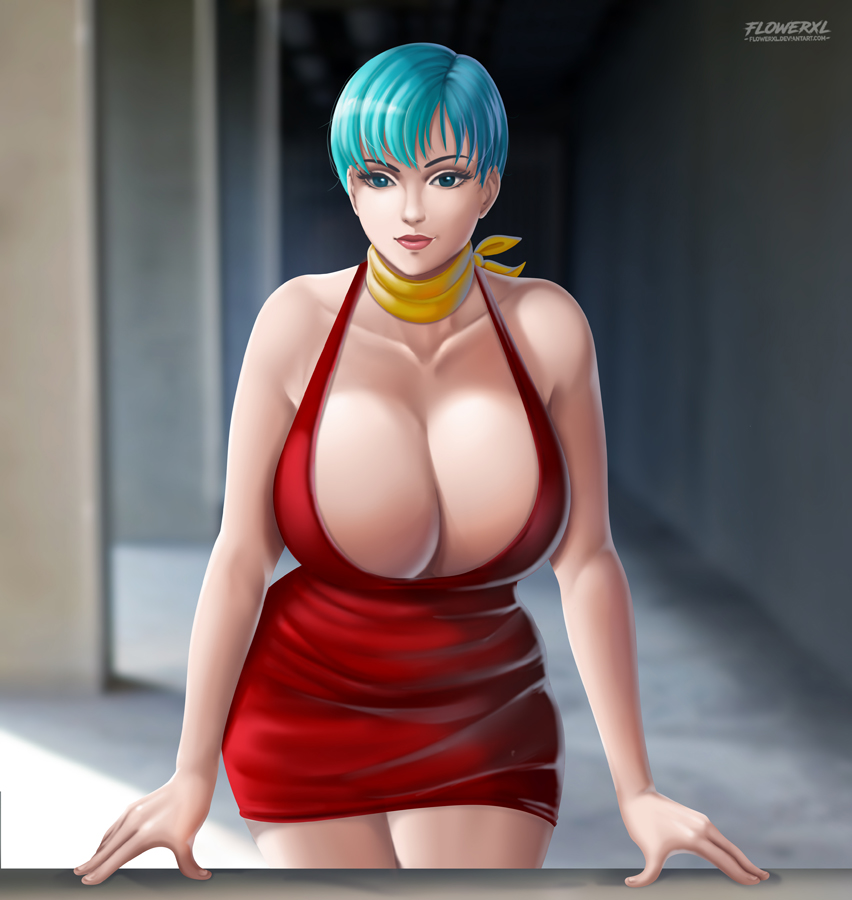 1girls, about to burst, alternate version available, barely contained, barely contained breasts, barely fits, breasts, breasts too big, bulma briefs, cleavage, dragon ball, dragon ball super, female, female only, flowerxl, huge breasts, imminent wardrobe malfunction, looking at viewer, solo, tight dress, tight fit, too tight, undersized clothes, undersized clothing