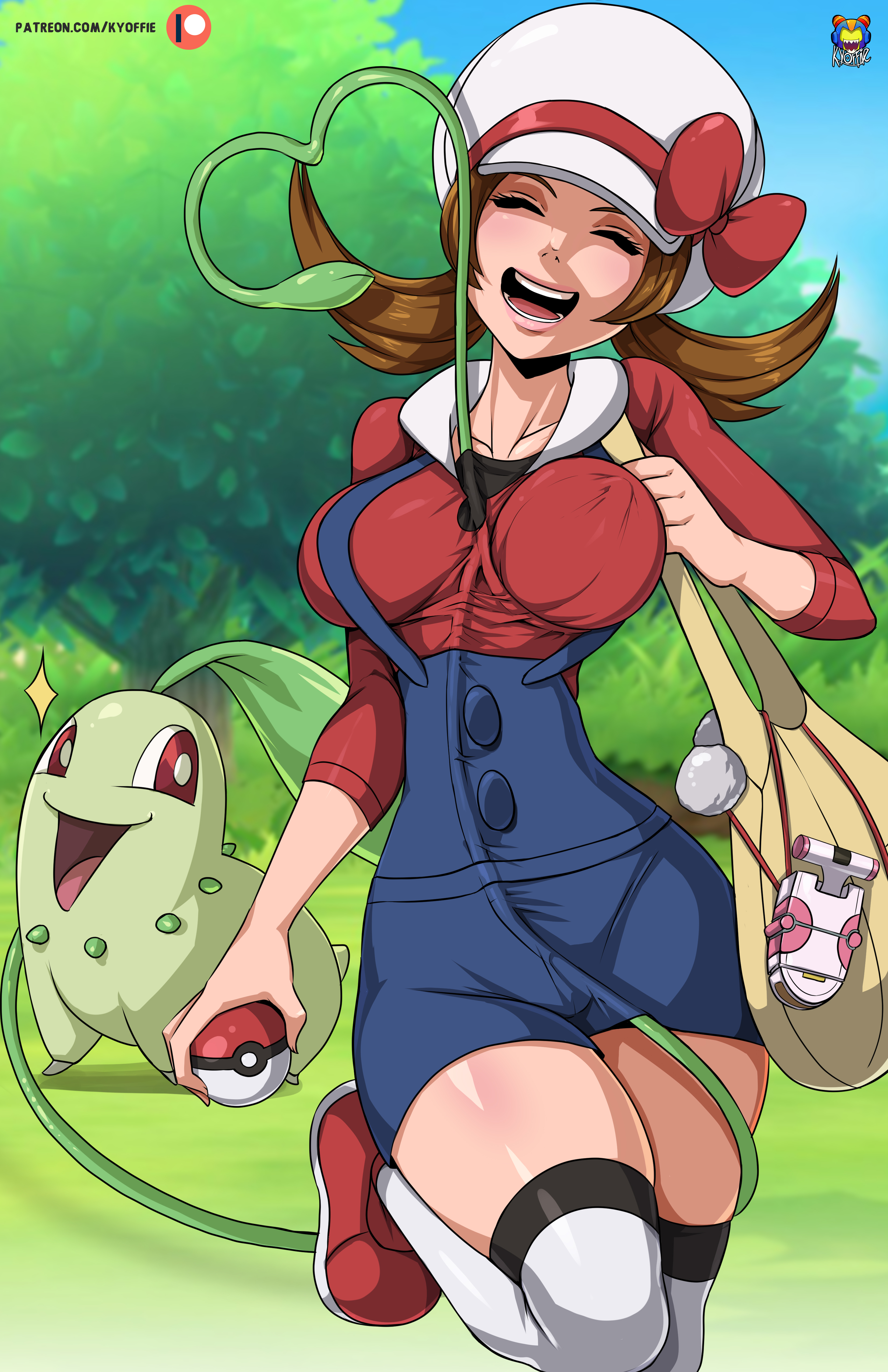 1girls, alternate breast size, breasts, chikorita, female, human, kyoffie, lyra (pokemon), nintendo, overalls, patreon, pokémon (species), pokemon, pokemon (species), pokemon gsc, pokemon hgss, pokephilia, text, twintails, url, vines, watermark