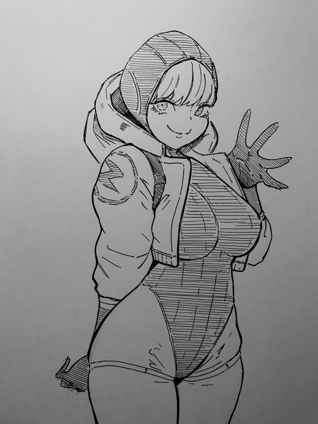 apex legends, black and white, female, hood, one-piece swimsuit, thick thighs, thighhighs, wattson (apex legends)