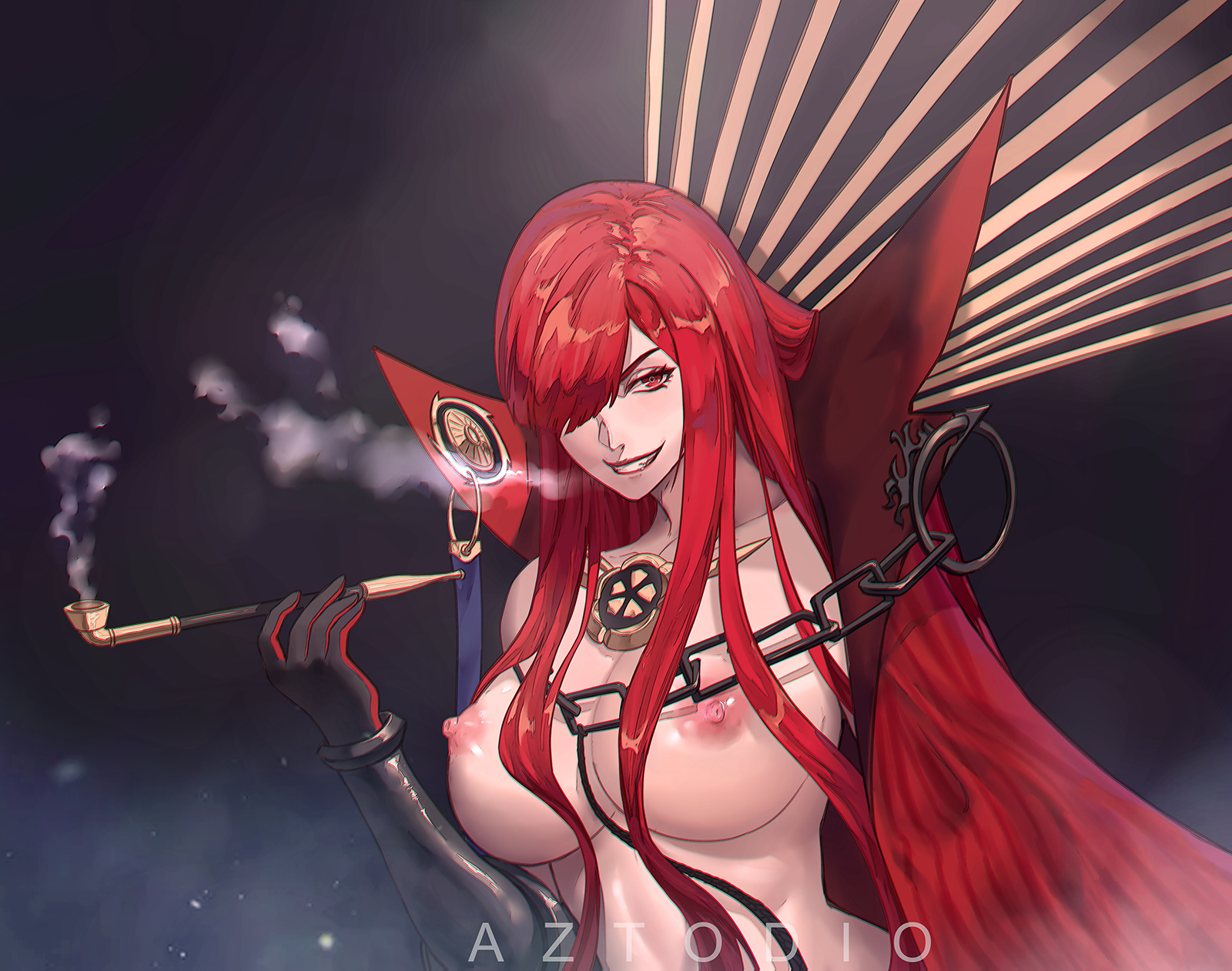 1girls, areolae, armor, artist name, azto dio, breasts, cape, evil grin, fate (series), fate/grand order, female, female only, front view, gloves, hair over one eye, huge breasts, human, kiseru, long hair, navel, nipples, no bra, nude, oda nobunaga (avenger) (fate), oda nobunaga (fate), pipe, puffy nipples, red eyebrows, red eyes, red hair, smile, smoking, solo, toned, toned female, upper body, vambraces, very long hair, wide sleeves