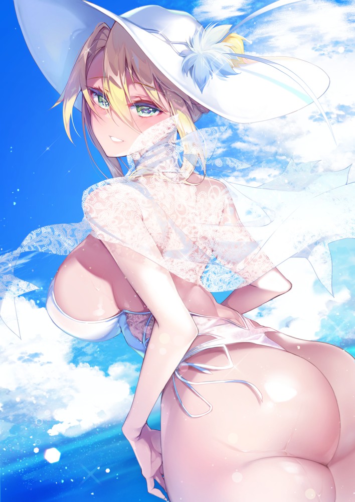 artoria pendragon, ass, beach, blonde hair, blue eyes, breasts, fate (series), fate/grand order, female, hat, huge ass, huge breasts, long hair, outdoors, sideboob, smile, thong, thong leotard