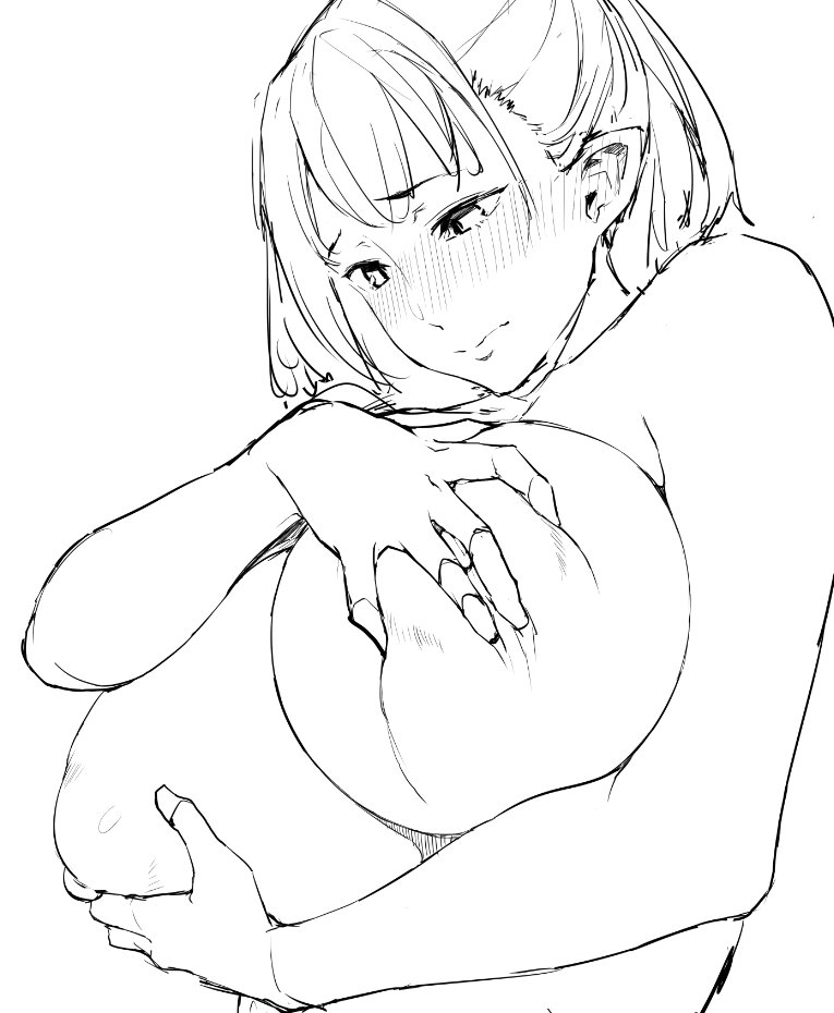 blush breast_grab busty close-up embarrassed female gigantic_breasts holding_breast monochrome nude obmas_(pfeito) pointy_ears puffy_areola rough_sketch sketch solo