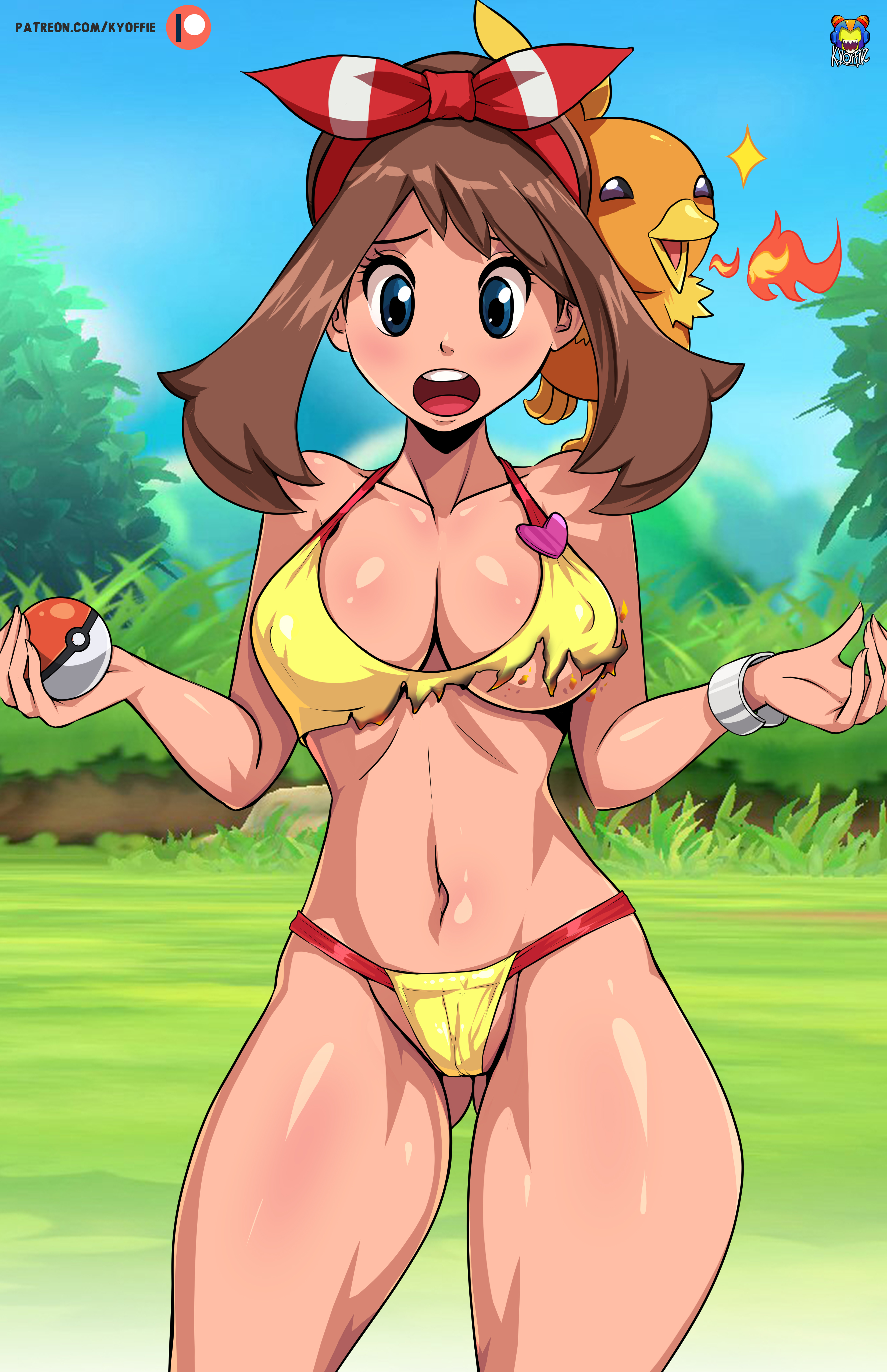 1girls, abs, alternate breast size, bikini, breasts, brown hair, brown-haired female, female, fire, human, human only, kyoffie, may (pokemon oras), may (pokemon), nintendo, patreon, pokemon, pokemon oras, source request, text, torchic, url, wardrobe malfunction, watermark