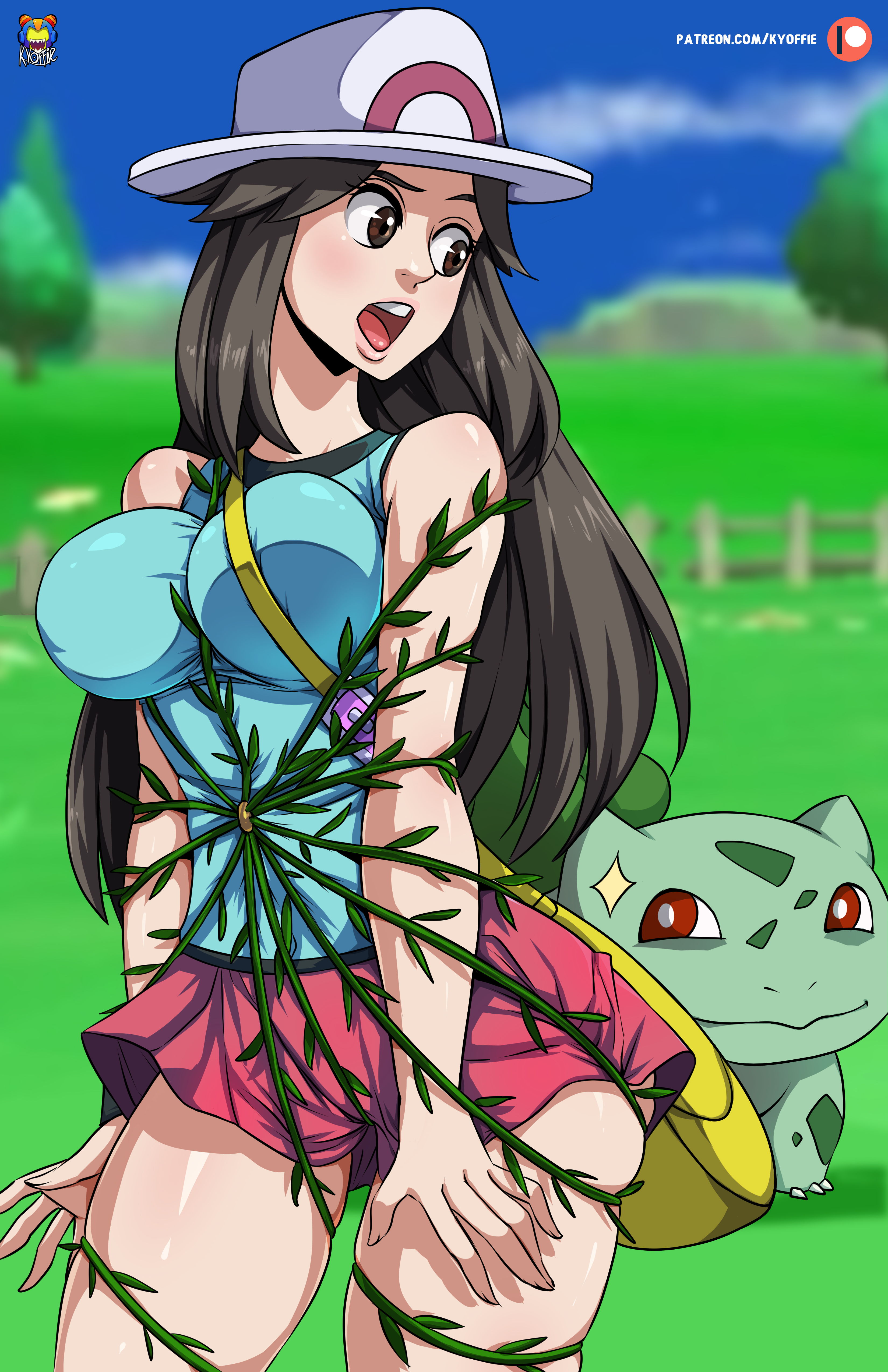 1girls, alternate breast size, breasts, brown hair, bulbasaur, female, kyoffie, leaf (pokemon), nintendo, patreon, pokémon (species), pokemon, pokemon (species), pokemon frlg, pokemon rgby, pokephilia, shiny bulbasaur, shiny pokemon, source request, text, tied up, url, vines, watermark