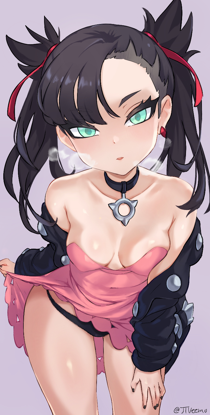 1girls, armpits, ass, bare shoulders, bent over, black hair, black nails, black panties, breasts, breath, choker, dress, dress lift, earrings, eye contact, female, female only, green eyes, hand on leg, heavy breathing, human, human only, jacket, jtveemo, looking at viewer, marnie (pokemon), nintendo, panties, pink dress, pokemon, pokemon ss, pose, ribbons, short hair, small breasts, solo, solo female, standing, text, thigh gap, twintails, watermark, wide hips