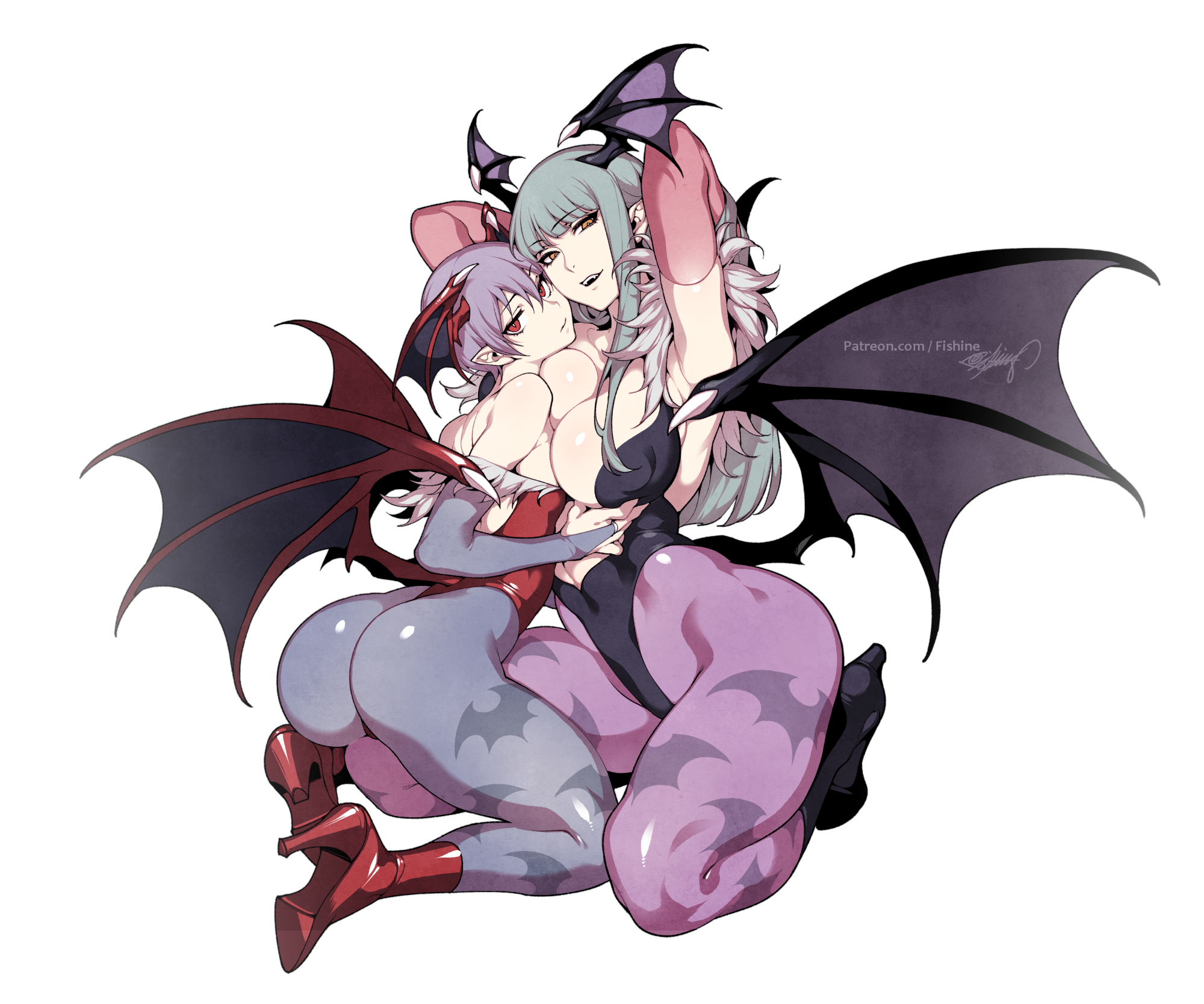 2demons, 2girls, arms behind head, ass, bangs, barefoot, bat print, bat wings, big ass, boots, breast press, breasts, bridal gauntlets, capcom, cleavage, clothed, clothing, darkstalkers, demon, demon girl, detached sleeves, duo, fangs, female, female only, fishine, flat chest, footwear, fur trim, green hair, head wings, high heel boots, high heels, highres, huge breasts, incest, kneeling, large breasts, leggings, leotard, lilith aensland, long hair, looking at viewer, morrigan aensland, multiple females, multiple girls, nipple bulge, open smile, pink hair, posing, semi incest, short hair, siblings, simple background, sisters, skin tight, small breasts, smile, succubi, succubus, succubus wings, thick thighs, url, very long hair, white background, wings, yuri