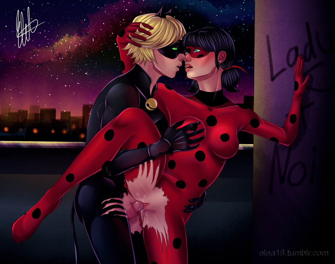 1boy, 1girls, adrien agreste, artist request, black hair, blue eyes, breast grab, breasts, cat noir, cityscape, female, green eyes, hand in hair, hand on waist, hand on wall, ladybug (character), looking at each other, male, marinette cheng, marinette dupain-cheng, mask, miraculous ladybug, night, nipples visible through clothing, pussy, sex, skin tight suit, straight, torn legwear, uncensored, vaginal penetration, vaginal sex