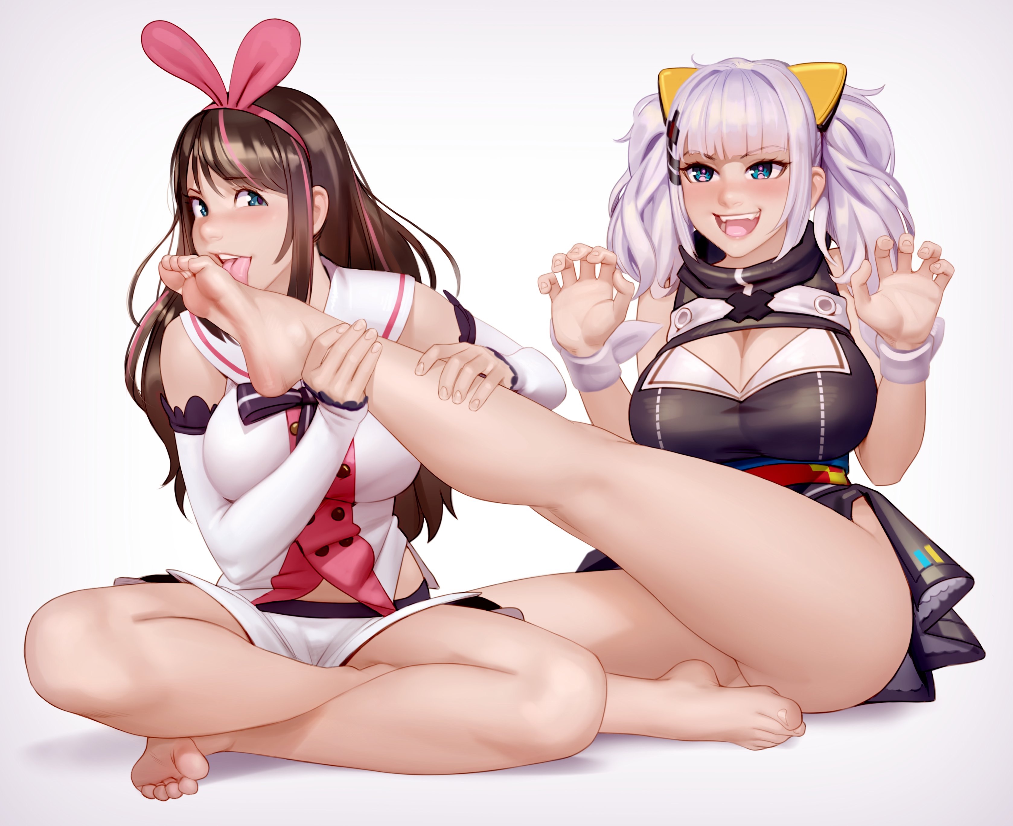 2girls, a.i. channel, breasts, clothing, feet, female, foot fetish, foot worship, full body, kaguya luna, kairuhentai, kairunoburogu, kizuna ai, kizuna ai inc., large breasts, licking feet, licking foot, shorts, sitting, skirt, soles, tagme, the moon studio, toenail polish, toes, virtual youtuber, white background