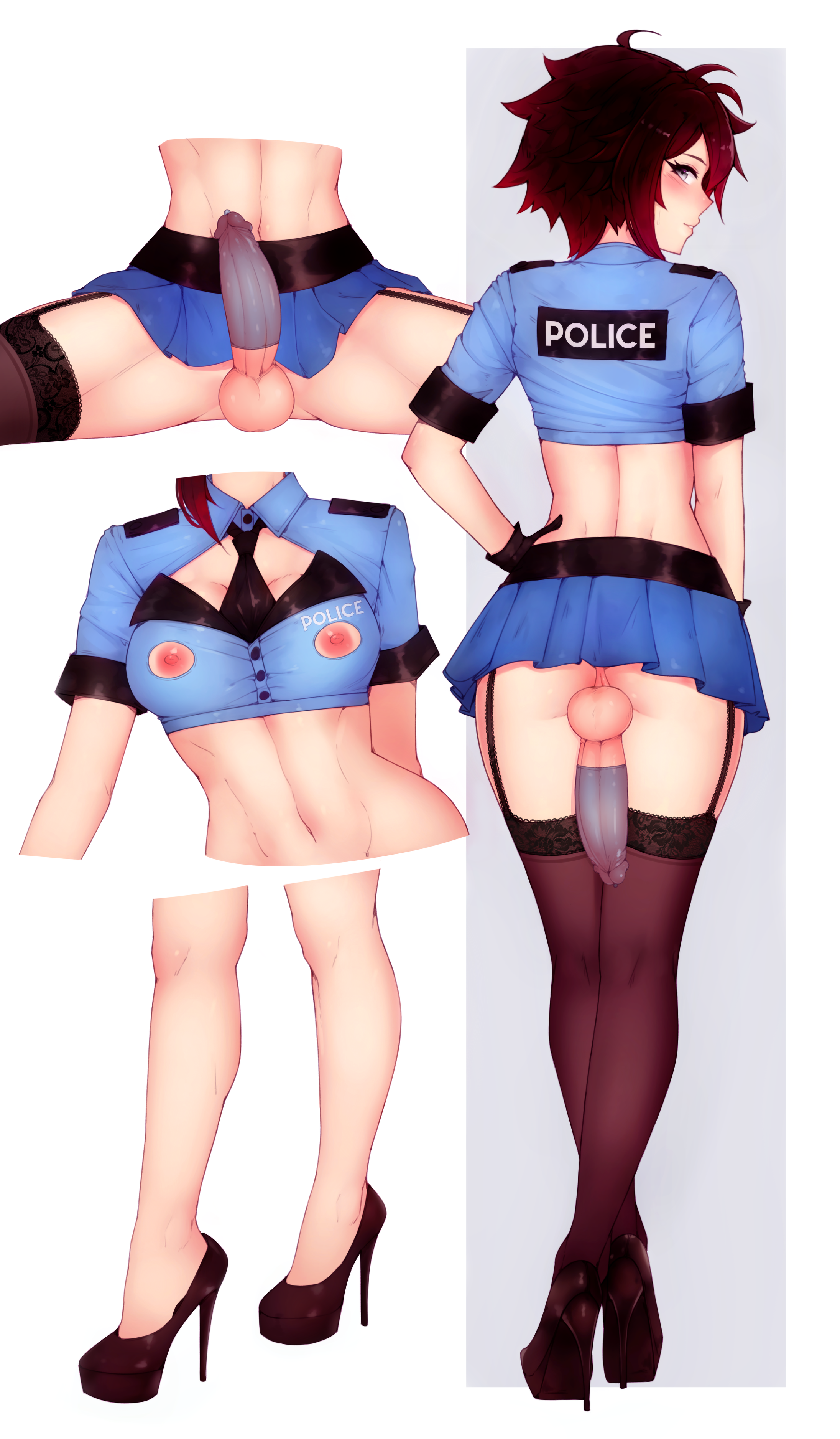 1futa, areolae, ass, balls, balls under clothes, bluefield, bottomless skirt, breasts, brown hair, cleavage, cock-tail, condom, erect nipples, erect penis, erection, erection under clothes, erection under skirt, exposed nipples, full-package futa, futa only, futanari, high heels, intersex, large ass, medium breasts, miniskirt, nipples, penis, penis out, penis under clothes, penis under skirt, police uniform, pussy, ruby rose, rwby, short hair, skirt, stockings, uniform