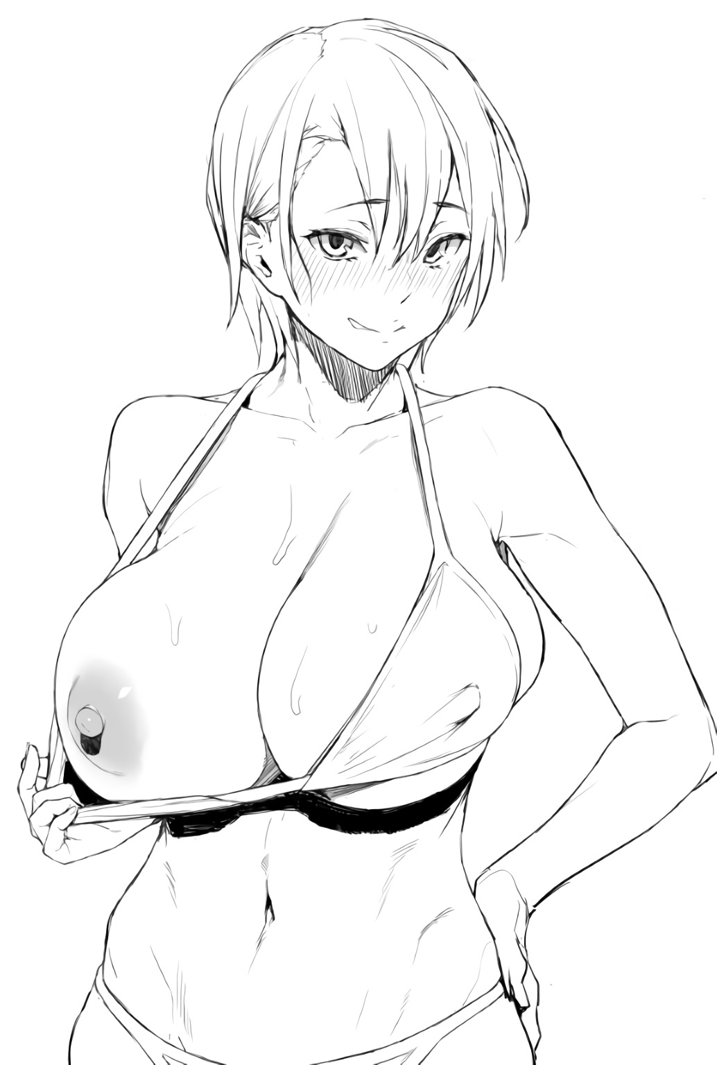 bikini bikini_pull blush breast_outside cleavage cowboy_shot erect_nipples erection_under_clothes female flashing huge_breasts looking_at_viewer monochrome nipples obmas_(pfeito) one_breast_out presenting_breasts short_hair sketch skindentation solo swimsuit wet