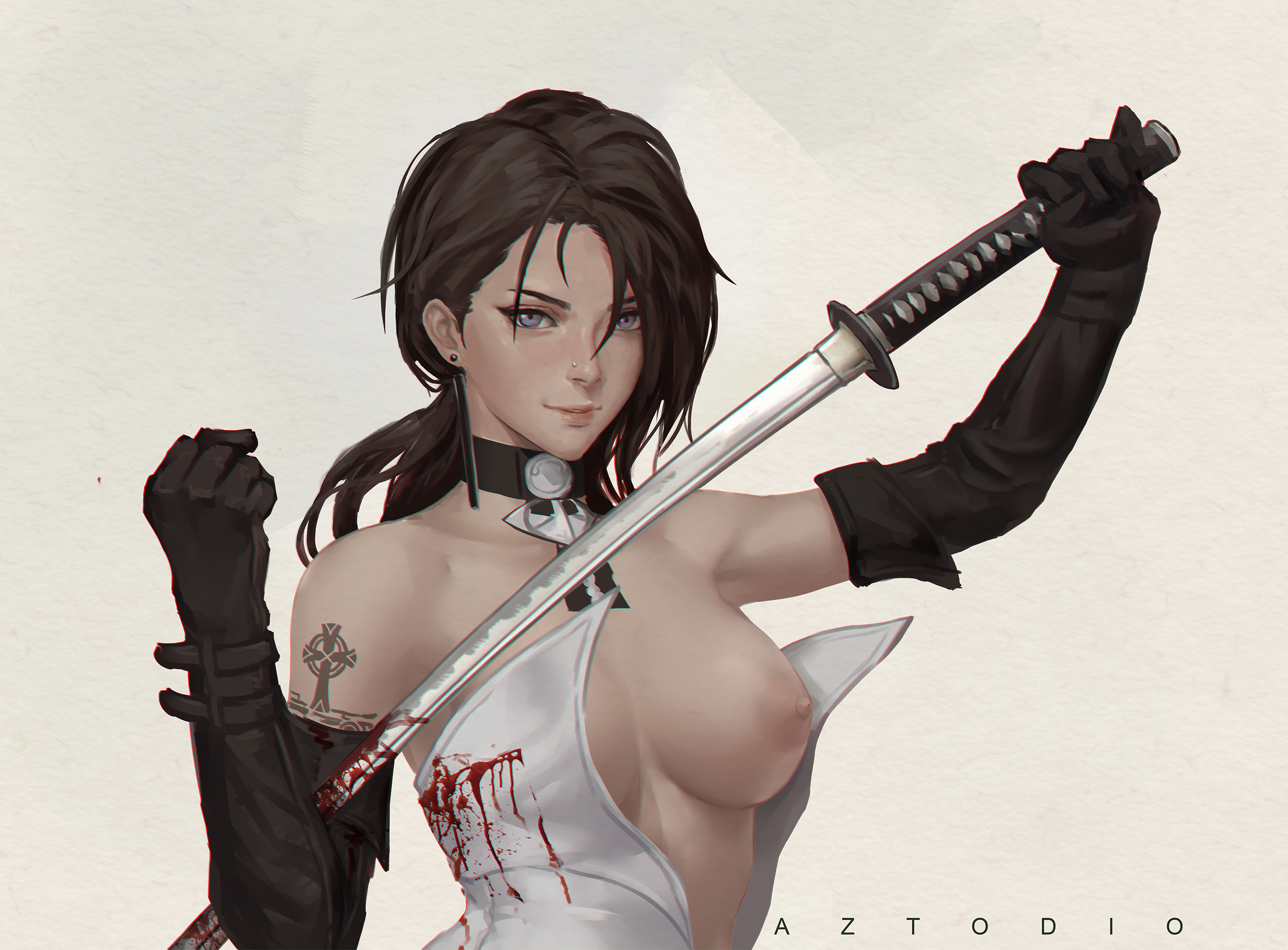 1girls, areolae, artist name, azto dio, bangs, black hair, blood, blood on weapon, breasts, choker, earrings, elbow gloves, eyeliner, female, female only, fire emblem, fire emblem: three houses, front view, gloves, hair between eyes, highres, holding weapon, human, katana, large areolae, large breasts, lavender eyes, looking at viewer, melee weapon, nintendo, nipples, nose piercing, one breast out, piercing, ponytail, shamir nevrand, shoulder tattoo, simple background, smile, solo, sword, tattoo, upper body, weapon, white background