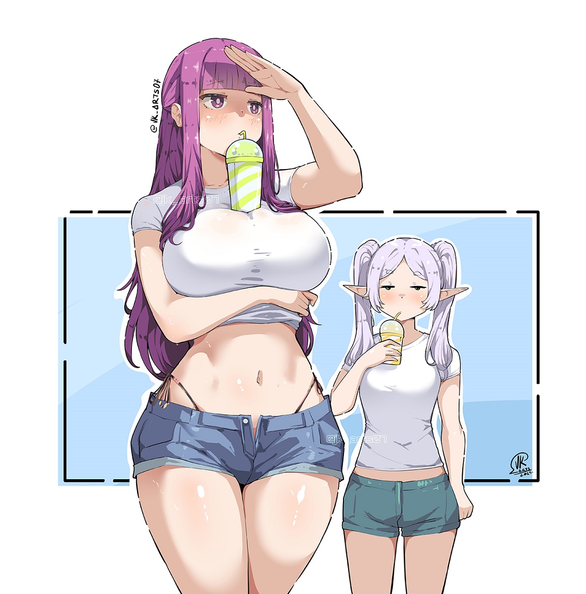 2d, 2girls, alternate costume, bare midriff, big breasts, breast envy, breasts, bubble tea challenge, convenient breasts, denim, denim shorts, elf, female, female only, fern (sousou no frieren), frieren, funny, funny face, jk arts07, large breasts, midriff baring shirt, multiple females, multiple girls, navel, neutral expression, pointy ears, purple hair, short shorts, shorts, sketch, small breasts, sousou no frieren, thong above shorts, thong straps