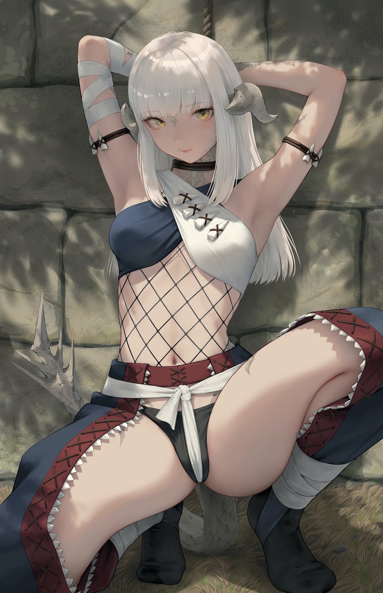 1girls, armpits, arms up, au ra, black underwear, female, final fantasy, final fantasy xiv, horns, long hair, monster hunter, nargacuga (armor), okoge lab, raen, scales, tail, tied up, underwear, white hair