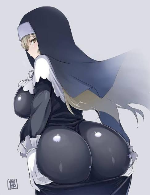 ass, ass grab, bakutendou, blonde hair, breasts, female, female only, habit, huge ass, large breasts, looking at viewer, looking back, nijisanji, nun, simple background, sister claire, solo, tagme, virtual youtuber, vtuber, white background, yellow hair