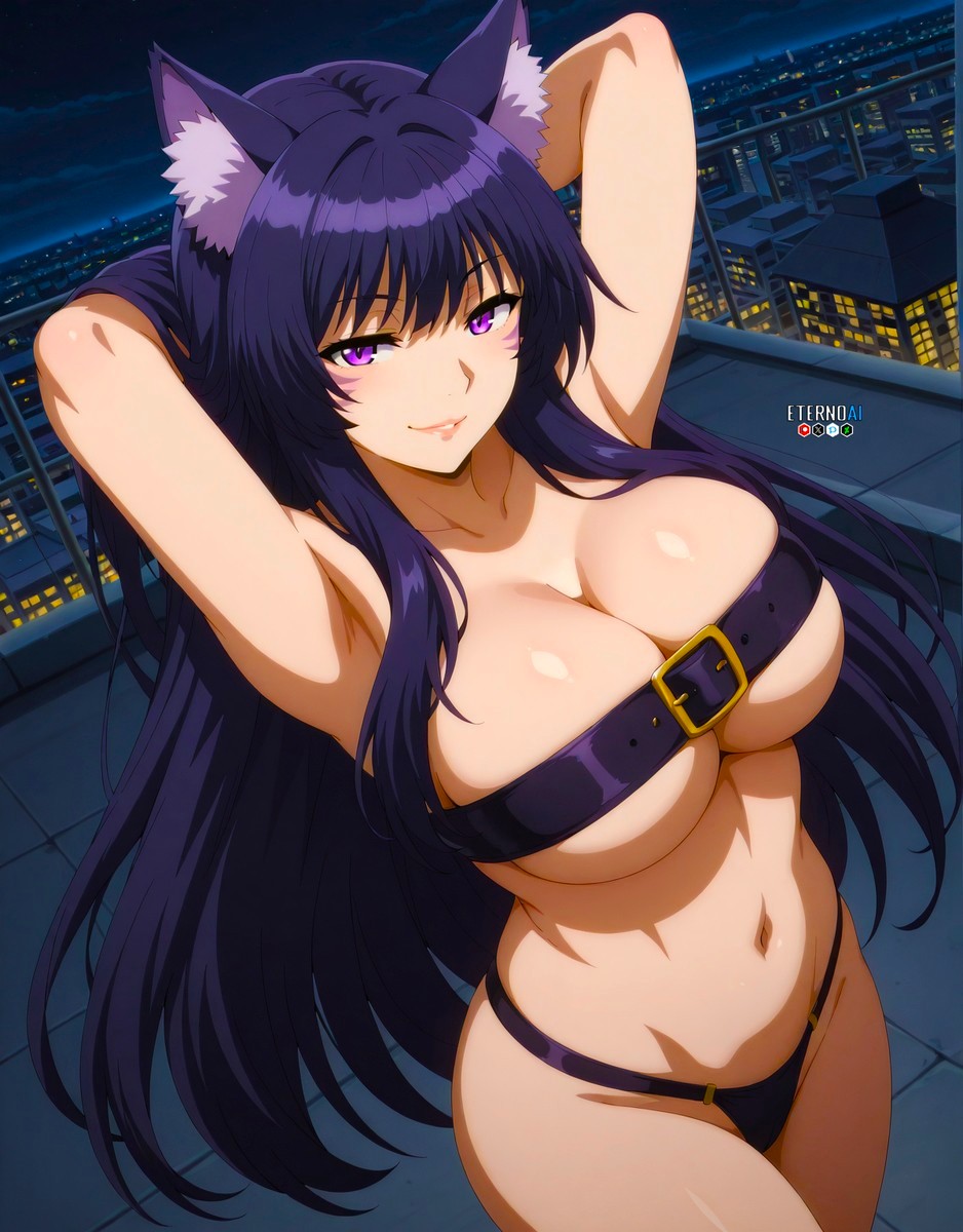 1girls, ai generated, anime, anime girl, anime style, armpits, bangs, belt, bold, breasts, busty, cityscape, covered nipples, curvy figure, daring, dark hair, delta (the eminence in shadow), eternoai, female, halloween, hands behind head, hands up, heavenly body, horizon, hungry, inviting to sex, large breasts, lipstick, navel, night, nude, pose, purple eyes female, rooftop, seductive, seductive smile, the eminence in shadow, thirsty, town, voluptuous, wolf, wolf girl