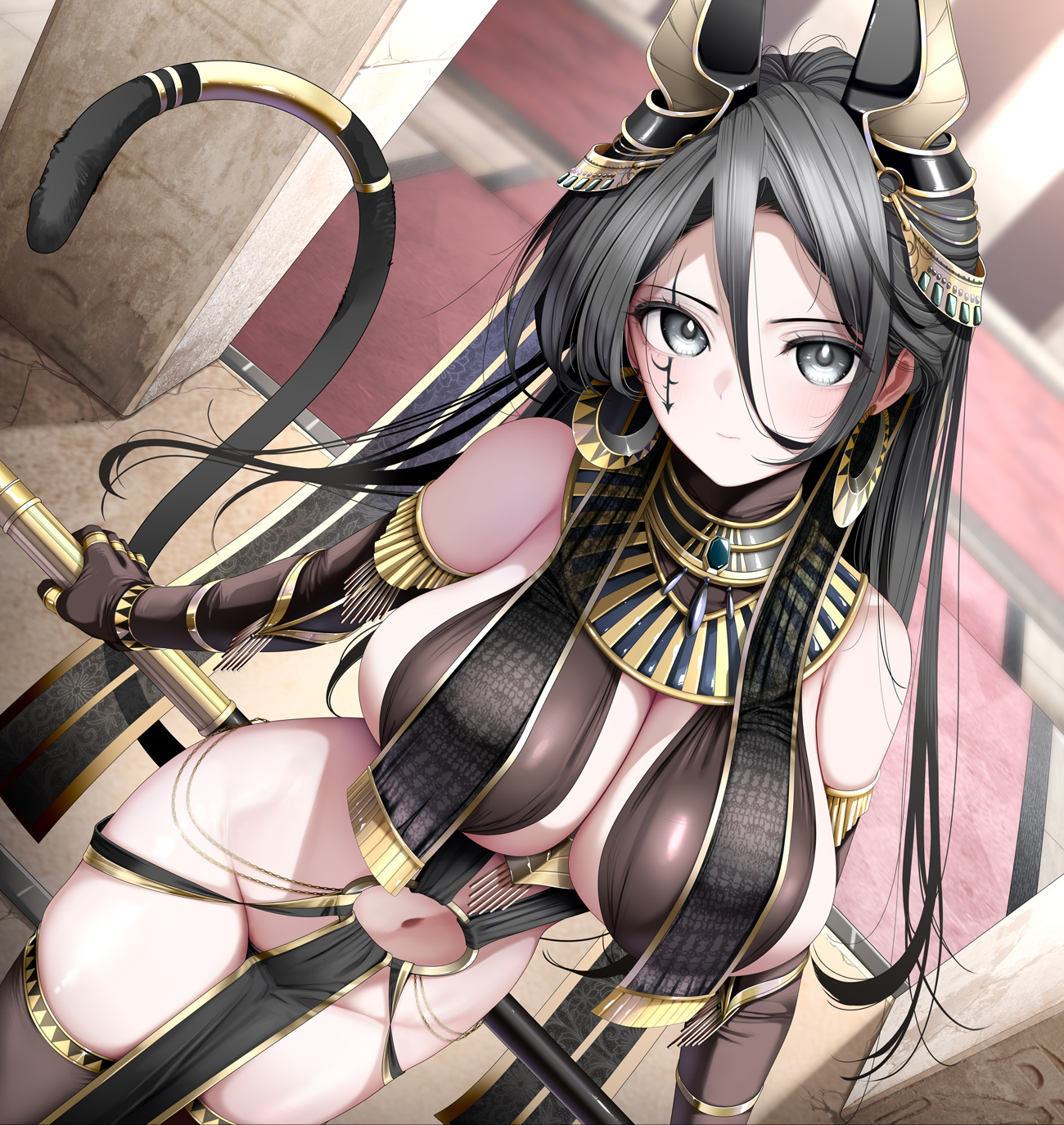 ancient egyptian clothes, animal ears, armlet, bare shoulders, black hair, bracelet, breasts, cleavage, earrings, egyptian, egyptian clothes, elbow gloves, fed (giba), female, female only, gloves, jewelry, large breasts, long hair, navel, o-ring, original, pelvic curtain, revealing clothes, solo, tail, thighhighs