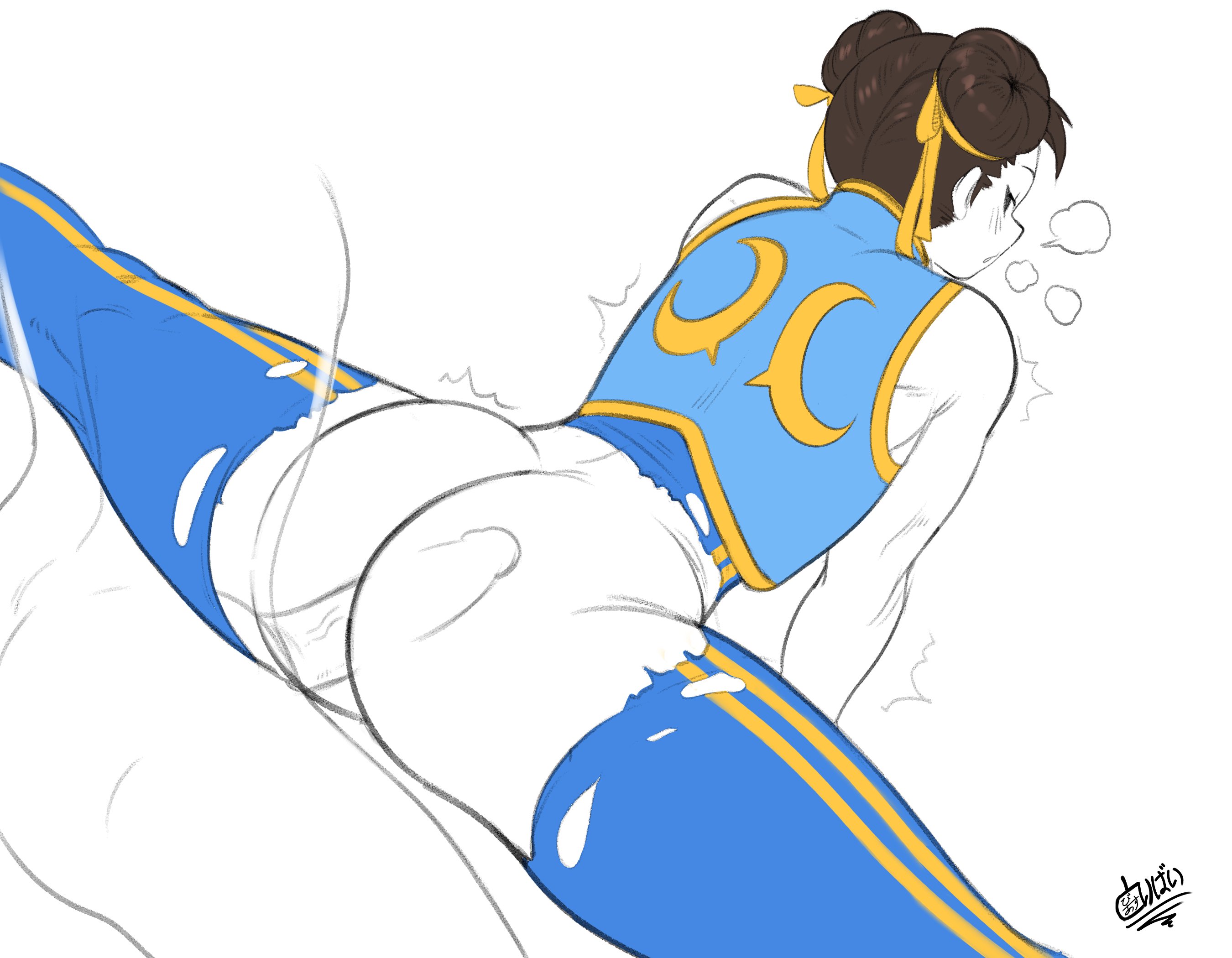 1boy, 1girls, ass, buttholemagick, chun-li, female, hair bun, huge penis, male, penis, sex, sketch, splits, spread legs, street fighter, torn clothes, unseen male face, x-ray