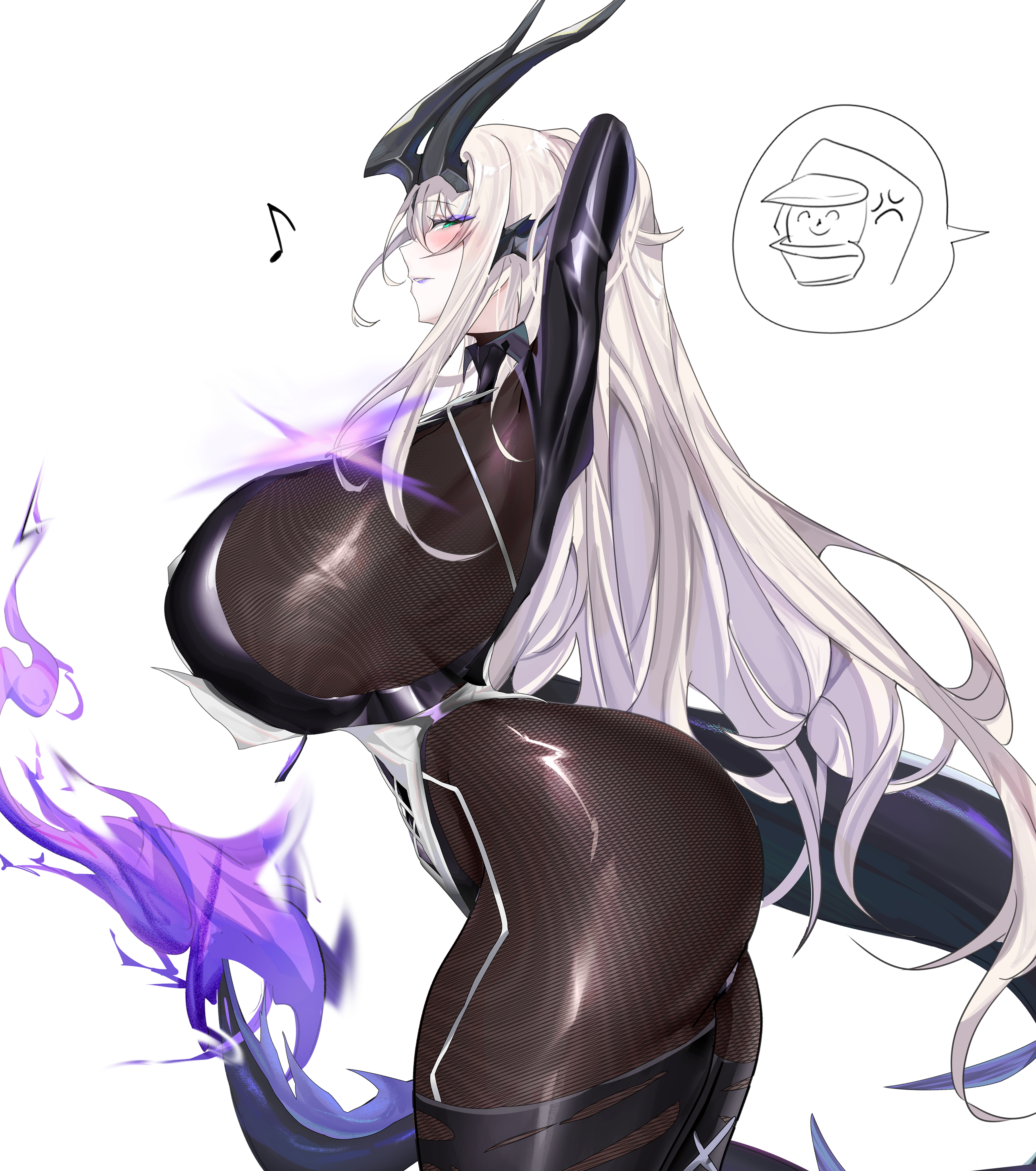 arknights, bodysuit, breasts, eblana (arknights), female, flaming tail, huge breasts, kabic3729, tail