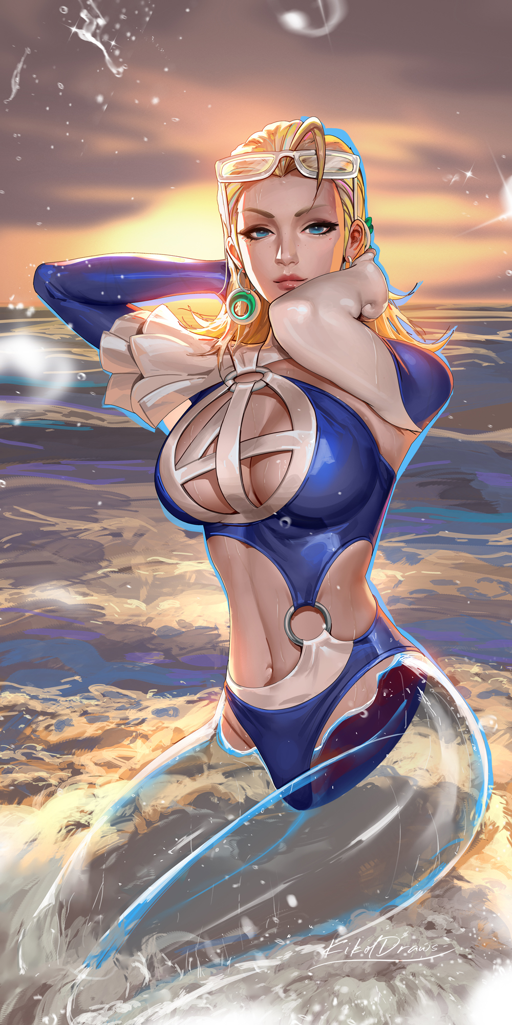 1girls, ahoge, blonde female, blonde hair, blue eyes, blue hair, blue swimsuit, breasts, cleavage, cleavage cutout, closed mouth, clothing cutout, defined nose, earrings, exposed breasts, eyewear on head, fantastic four, female, female only, glasses, glossy lips, hashtag-only commentary, highres, invisible woman, invisible woman (azure shade), invisible woman (marvel rivals), jewelry, large breasts, liang xing, long hair, looking at viewer, marvel, marvel comics, marvel rivals, navel, ocean, ocean background, partially invisible, solo, sue richards, sue storm, sunglasses, sunset, swimsuit, water, wet, wet clothes