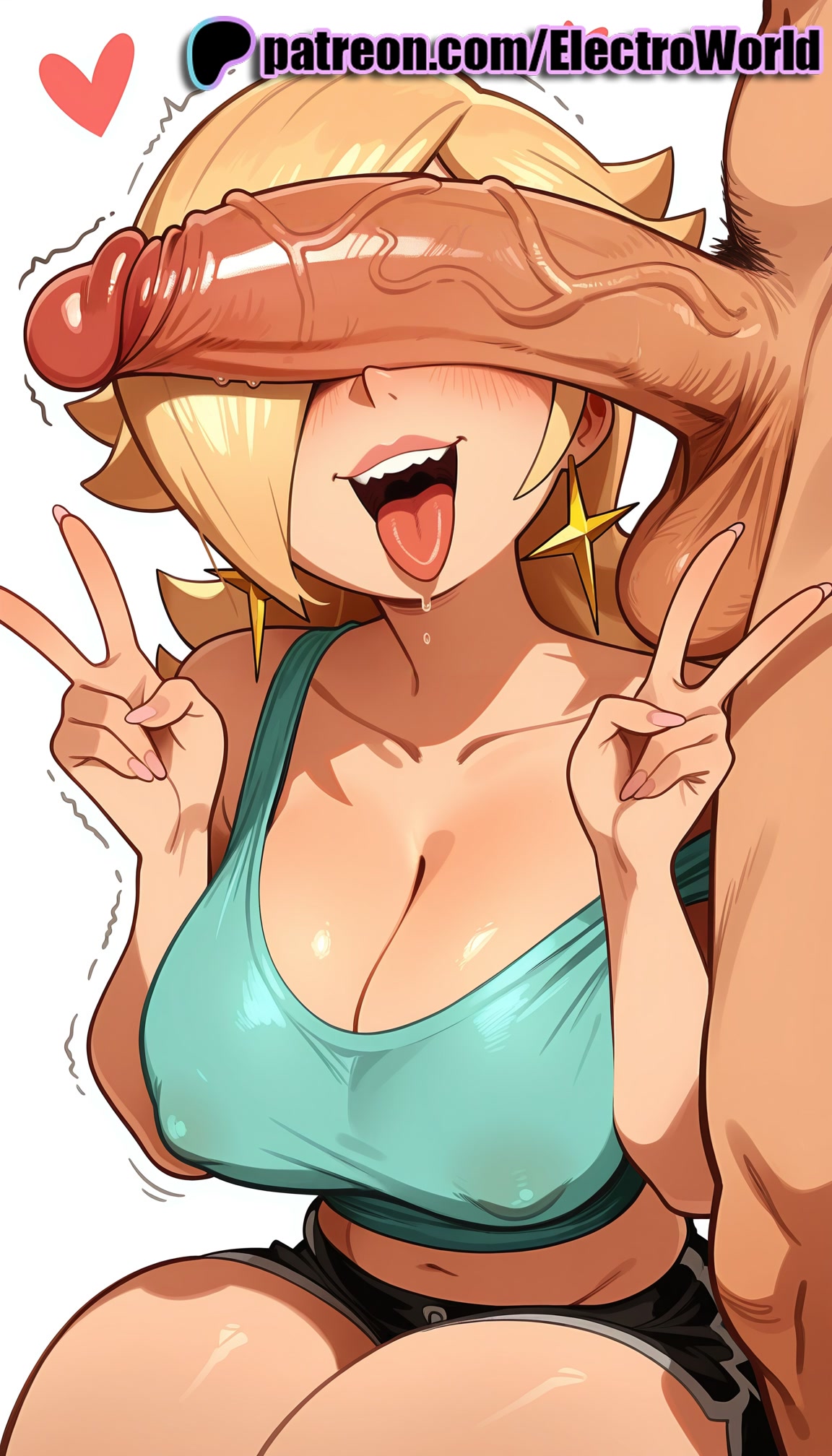 1boy, 1girls, 2025, ai generated, artist name, balls, breasts, bust, chest, cleavage, cock, covered nipples, cum, dick, double v, earrings, electroworld, erection, female, foreskin, hair over one eye, head out of frame, heart, heart earrings, hi res, high quality, high resolution, highres, huge cock, jewelry, large penis, large testicles, looking at penis, male, male pubic hair, mario (series), motion lines, nail polish, nintendo, patreon, patreon username, penis, penis awe, penis on face, precum, princess rosalina, shorts, solo focus, stable diffusion, star earrings, straight, testicles, tongue, tongue out, trembling, twitching penis, uncensored, uncircumcised, v, veins, veiny penis, w, watermark