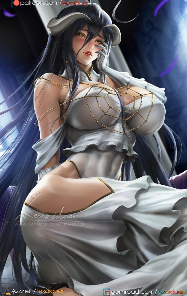 1girls, albedo (overlord), bare shoulders, big breasts, black hair, breasts, female, female only, horns, large breasts, lexaiduer, long hair, looking at viewer, overlord (maruyama), smiling, smiling at viewer, solo, solo female, yellow eyes