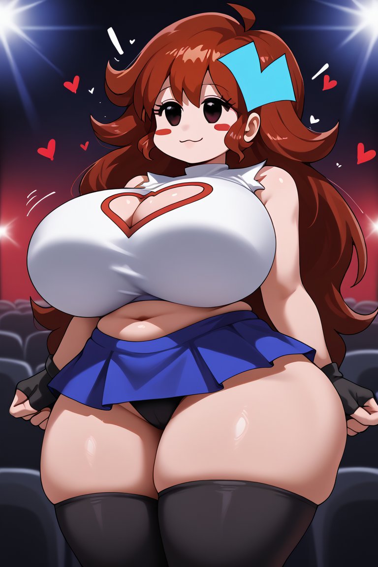 :3, ai generated, big ass, big breasts, big thighs, breasts, chubby, chubby female, cleavage, cleavage cutout, cosplay, female, friday night funkin, friday night funkin mod, girlfriend, girlfriend (friday night funkin), hot body, huge ass, huge breasts, panties, red hair, shortstack, skyblue, skyblue (friday night funkin), skyverse, standing, upskirt