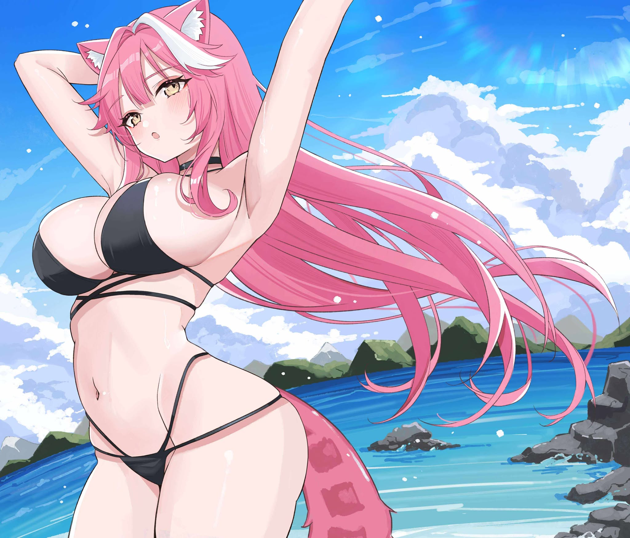 animal ear fluff, animal ears, arm behind head, armpits, arms up, bikini, black bikini, black choker, blue sky, breasts, center-flap bangs, choker, cleavage, cloud, commentary, day, double-parted bangs, dreamoon, english commentary, female, floating hair, groin, highres, hololive, hololive english, hololive english -justice-, large breasts, long hair, looking at viewer, multi ear, multi-strapped bikini bottom, multi-strapped bikini top, multicolored hair, navel, open mouth, outdoors, outstretched arm, panther ears, panther girl, panther tail, pink hair, raora panthera, sidelocks, sky, solo, stomach, streaked hair, swimsuit, tail, very long hair, virtual youtuber, white streaks, yellow eyes