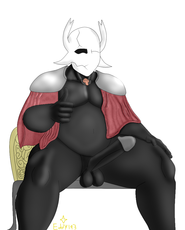 balls big_penis cape chubby fat gorgus_(hollow_knightoc) hb-edstar hollow_knight male_focus male_only penis shoulder_pads sitting_on_bench solo_male thumbs_up